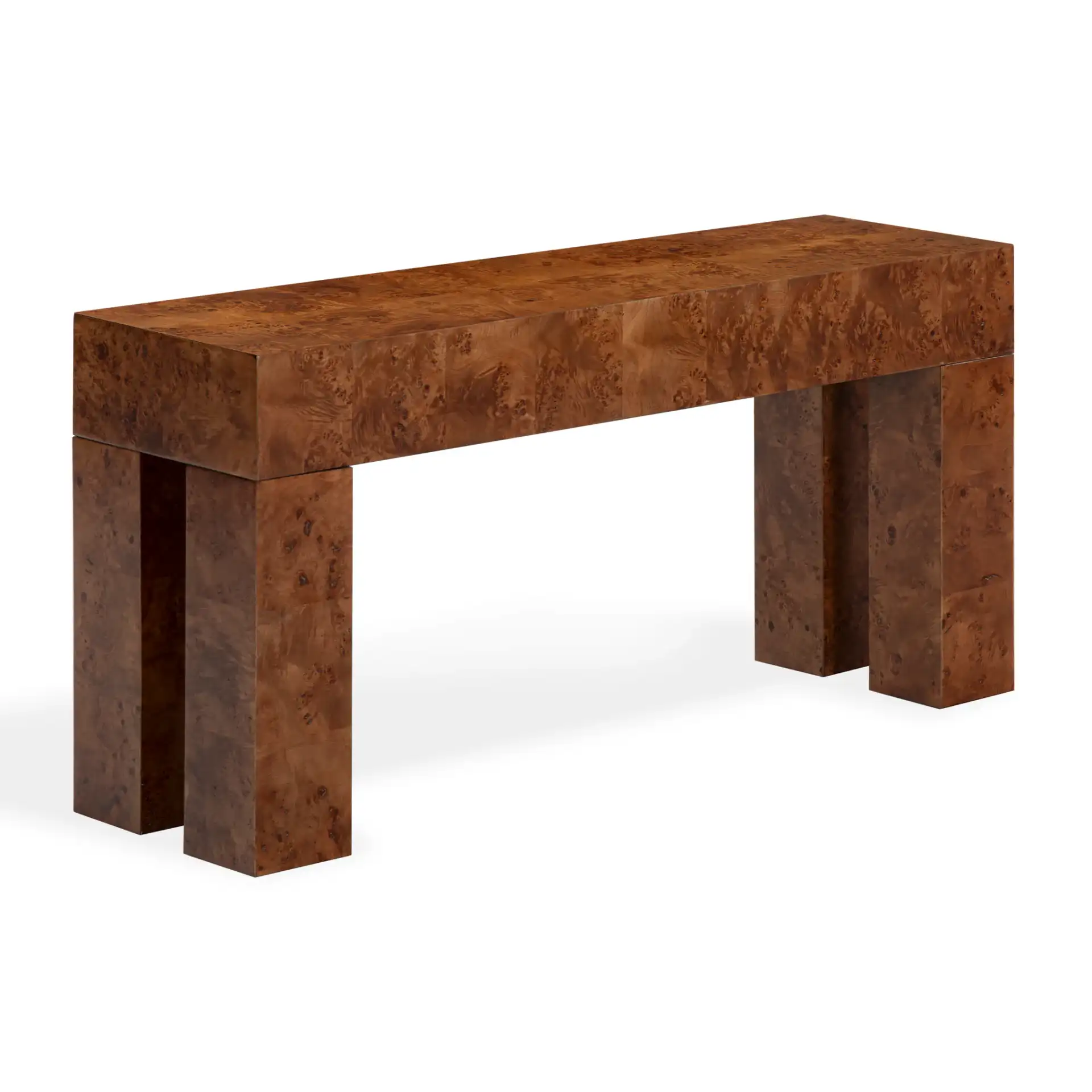 Betharose Burl Wood Console Table in Walnut Burl, detail view