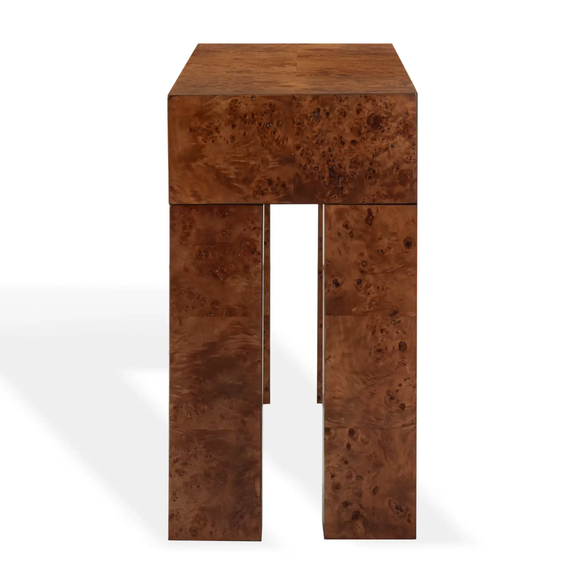 Betharose Burl Wood Console Table in Walnut Burl, detail view