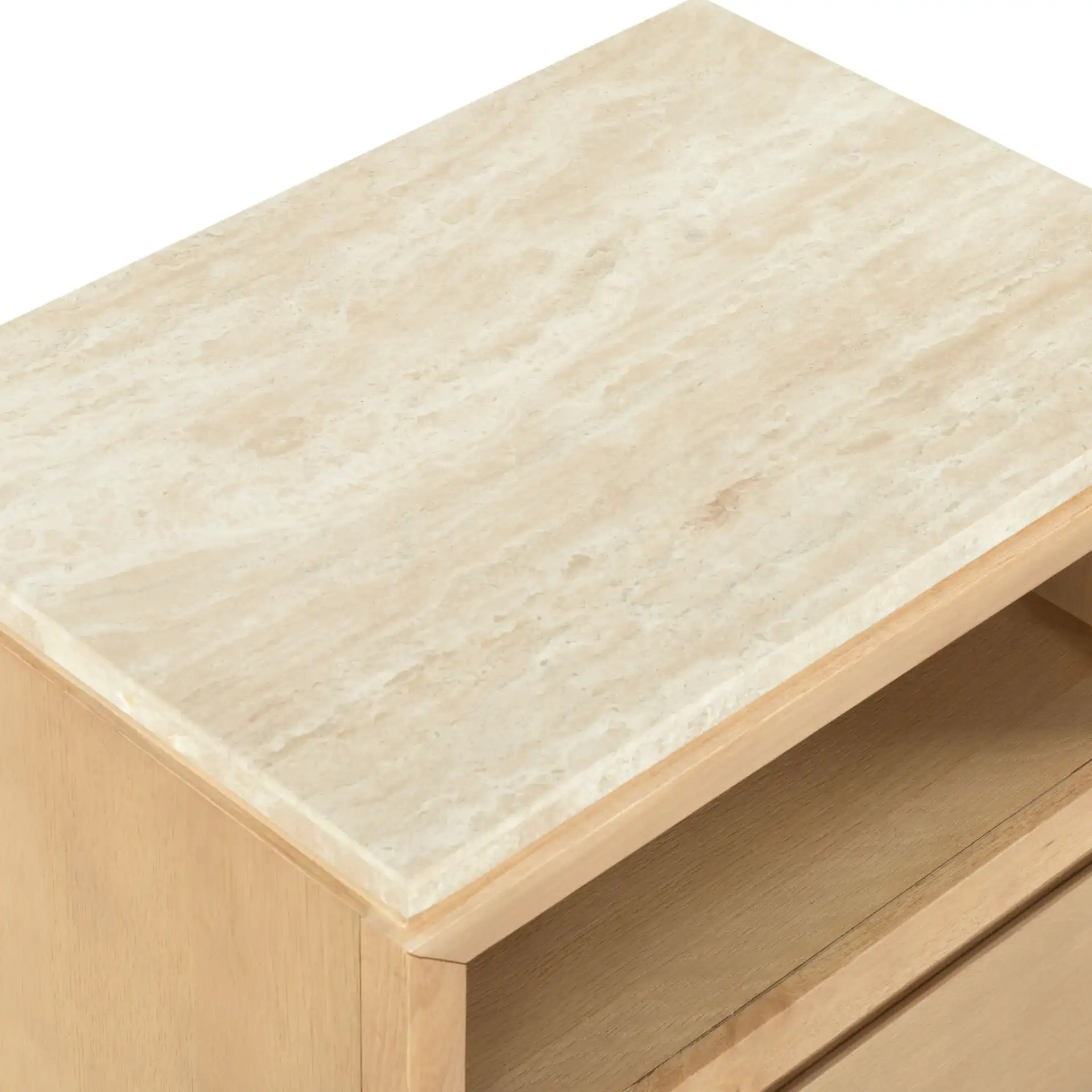 Alaura Travertine Top Nightstand in Travertine / Oak in a styled room