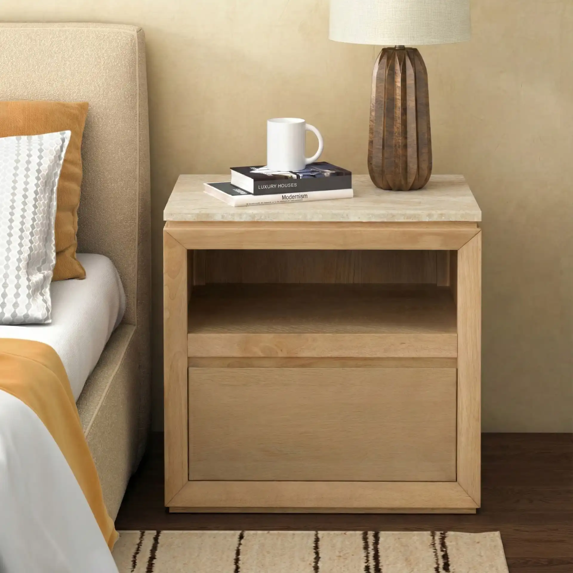 Alaura Travertine Top Nightstand in Travertine / Oak in a styled room