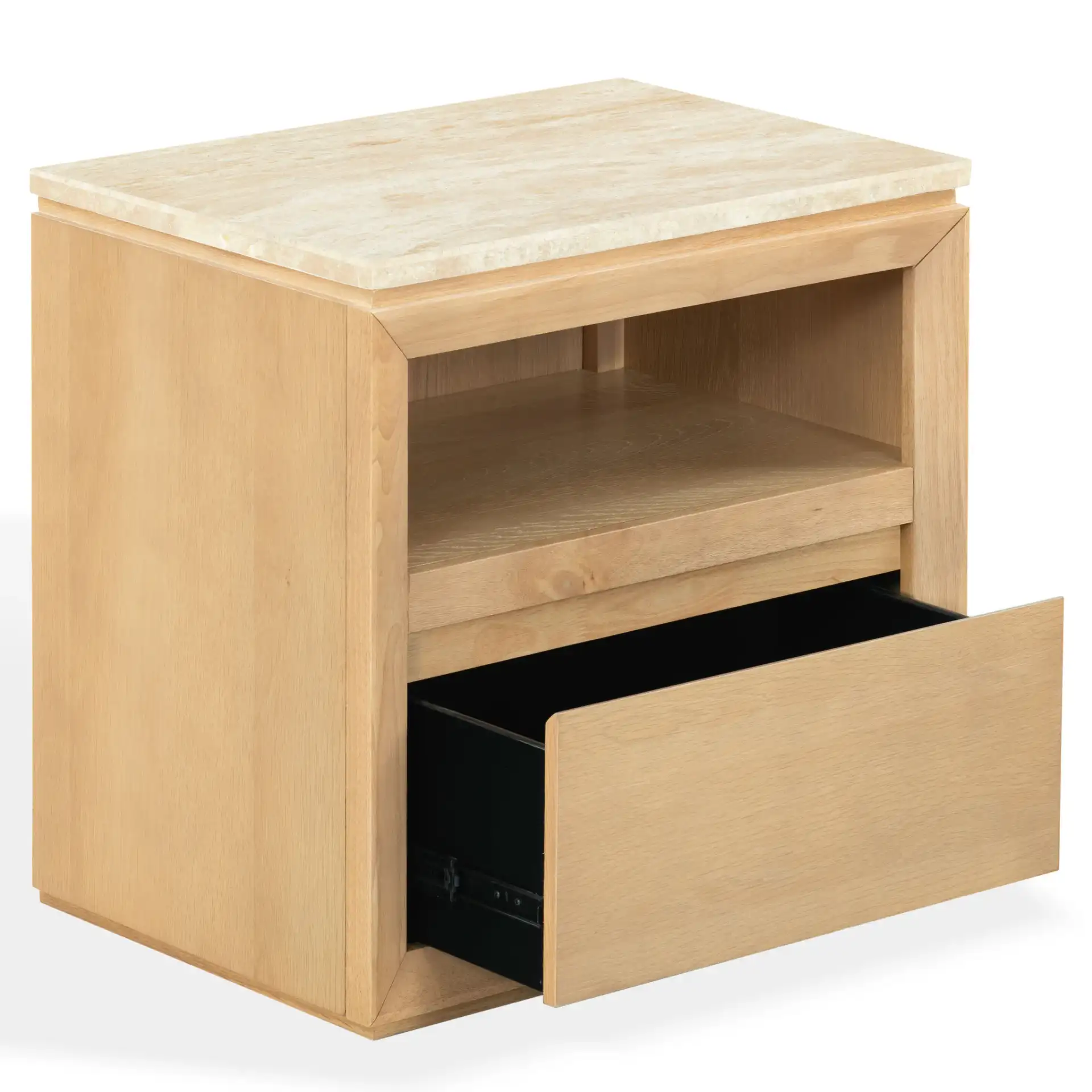 Alaura Travertine Top Nightstand in Travertine / Oak, detail view