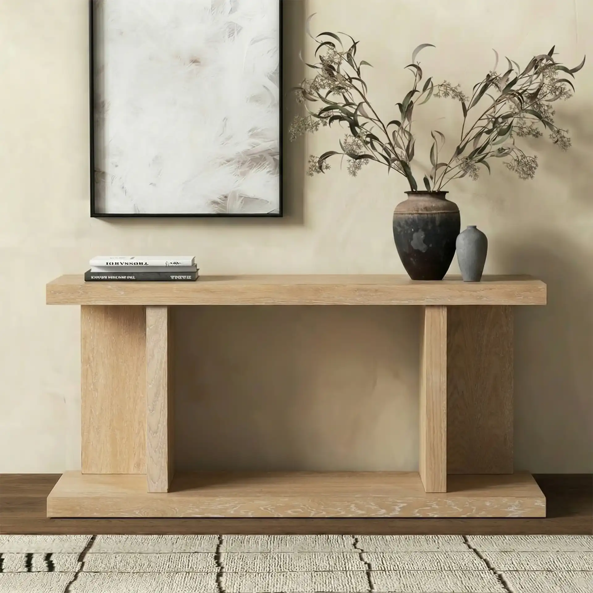 Claramay Console Table in Natural Cerused Oak in a styled room