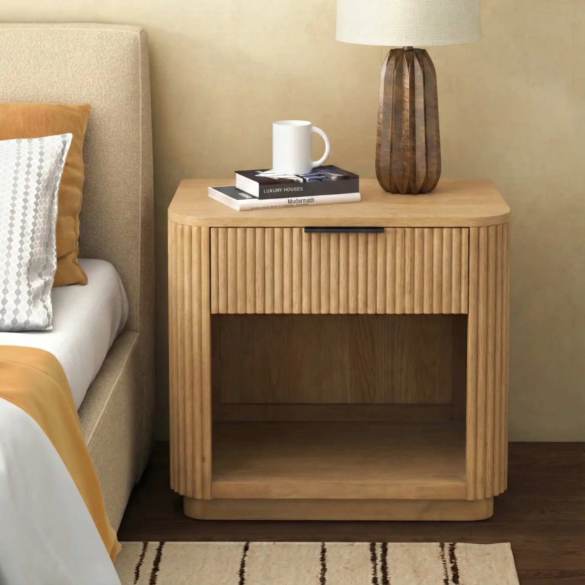 Barrymore One-Drawer Nightstand in Greige Oak in a styled room
