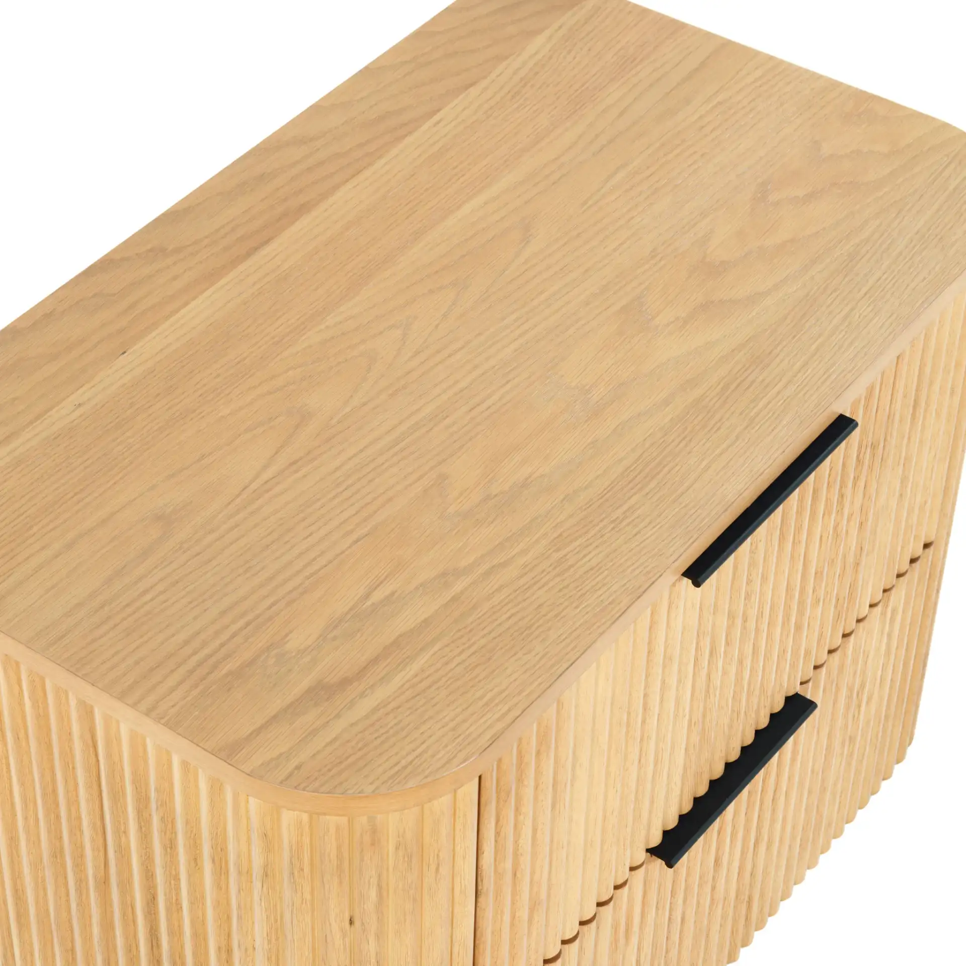 Barrymore Two-Drawer Nightstand in Greige Oak in a styled room