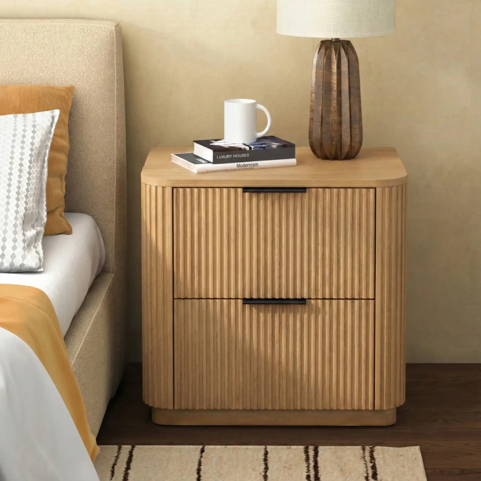 Barrymore Two-Drawer Nightstand in Greige Oak in a styled room