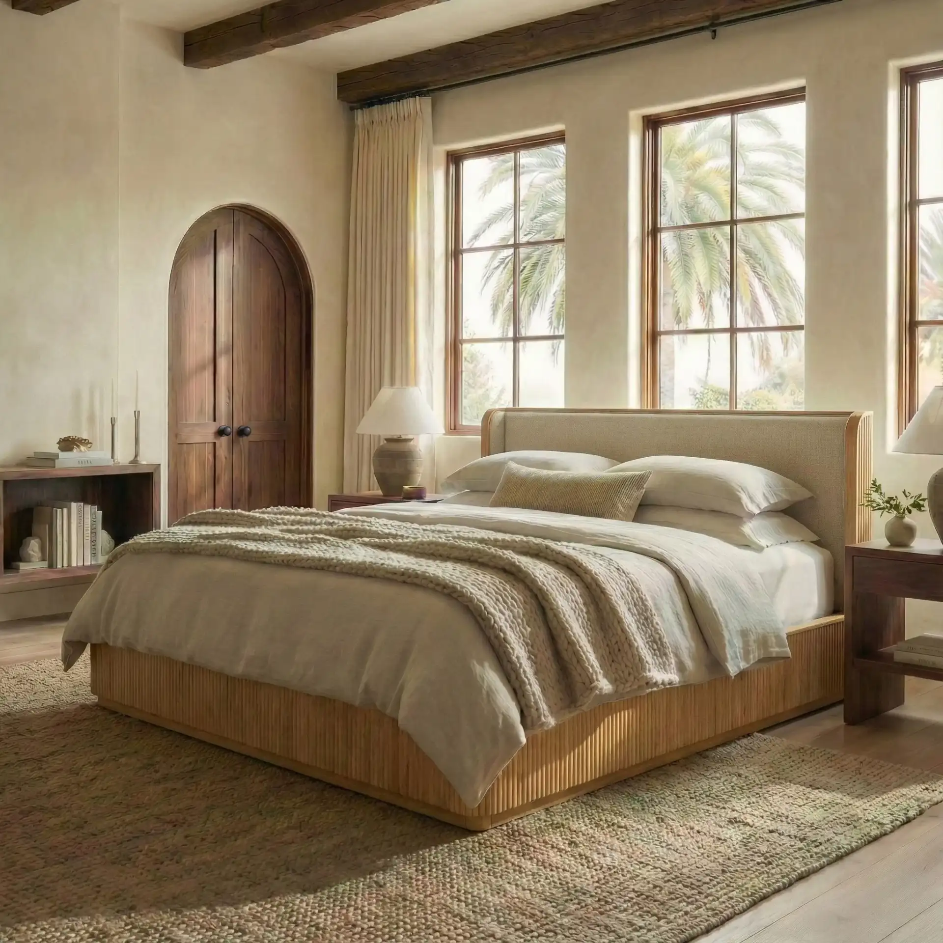 Barrymore Reeded Wood Bed in Greige Oak / Taupe in a styled room