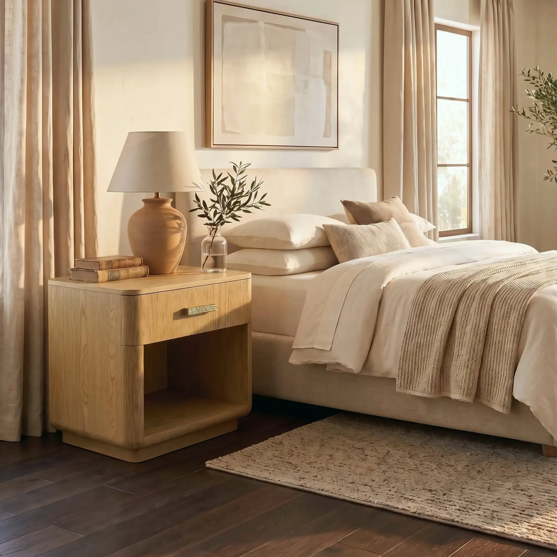 Carmilla One-Drawer Nightstand in Dark Brown Oak in a styled room