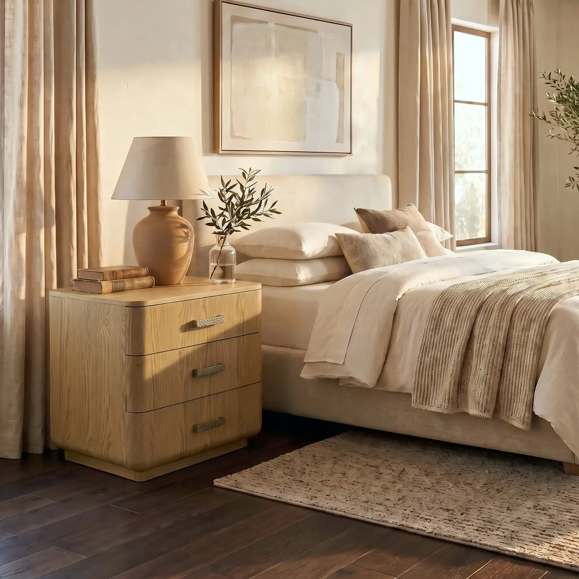 Carmilla Three-Drawer Nightstand in Dark Brown Oak in a styled room