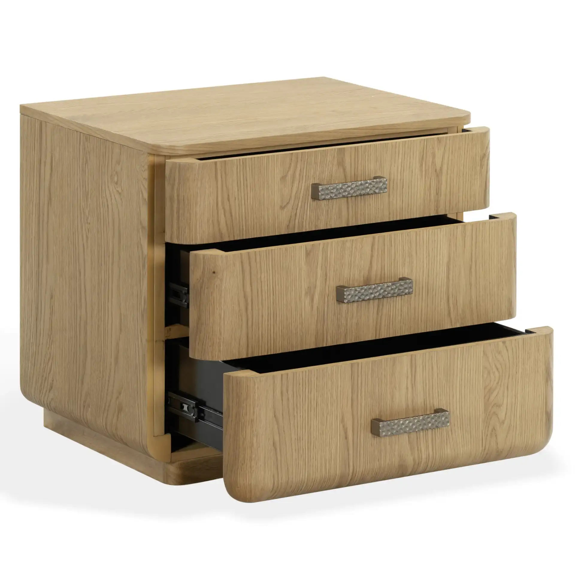 Carmilla Three-Drawer Nightstand in Dark Brown Oak, detail view