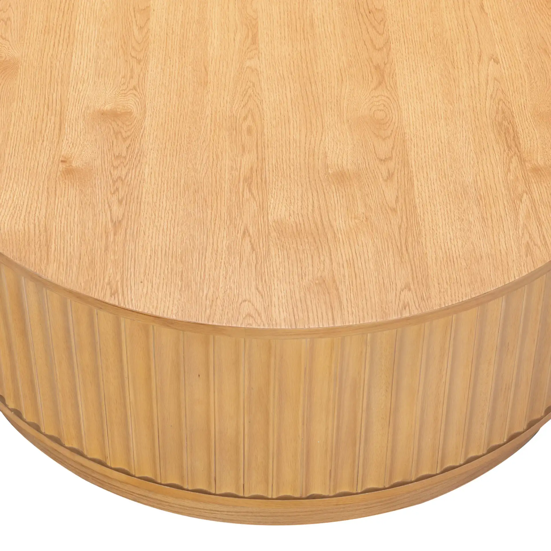 Cynthia Round Fluted Coffee Table in Dark Brown Oak in a styled room