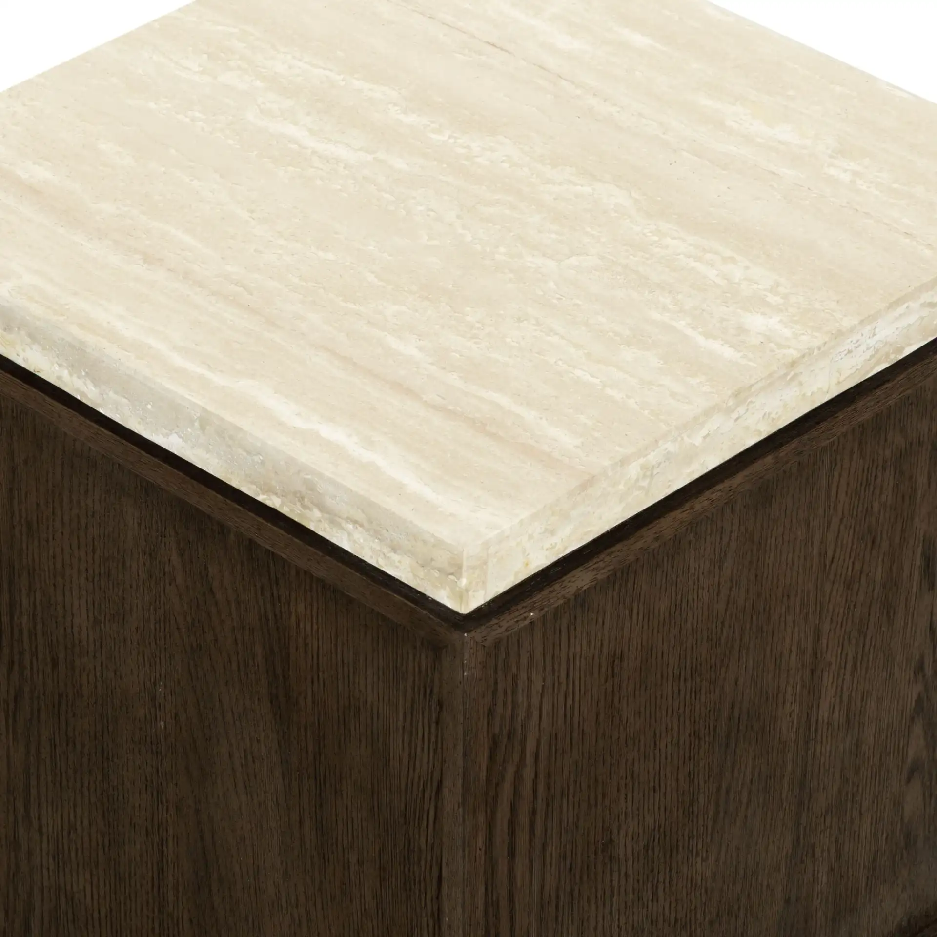 Alysandria Square Accent Table in Dark Brown Oak / Travertine in a styled room