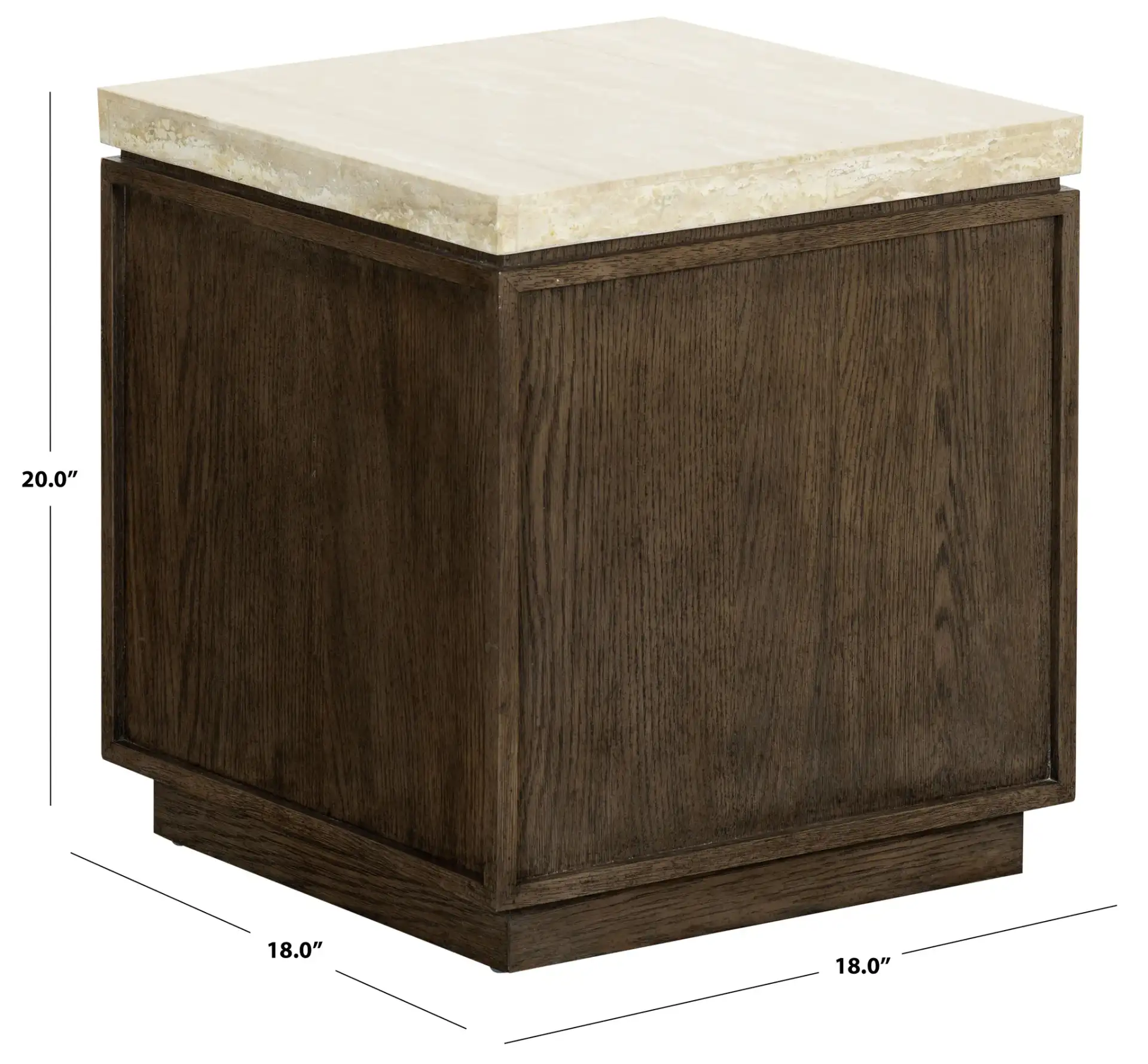 Alysandria Square Accent Table in Dark Brown Oak / Travertine, detail view