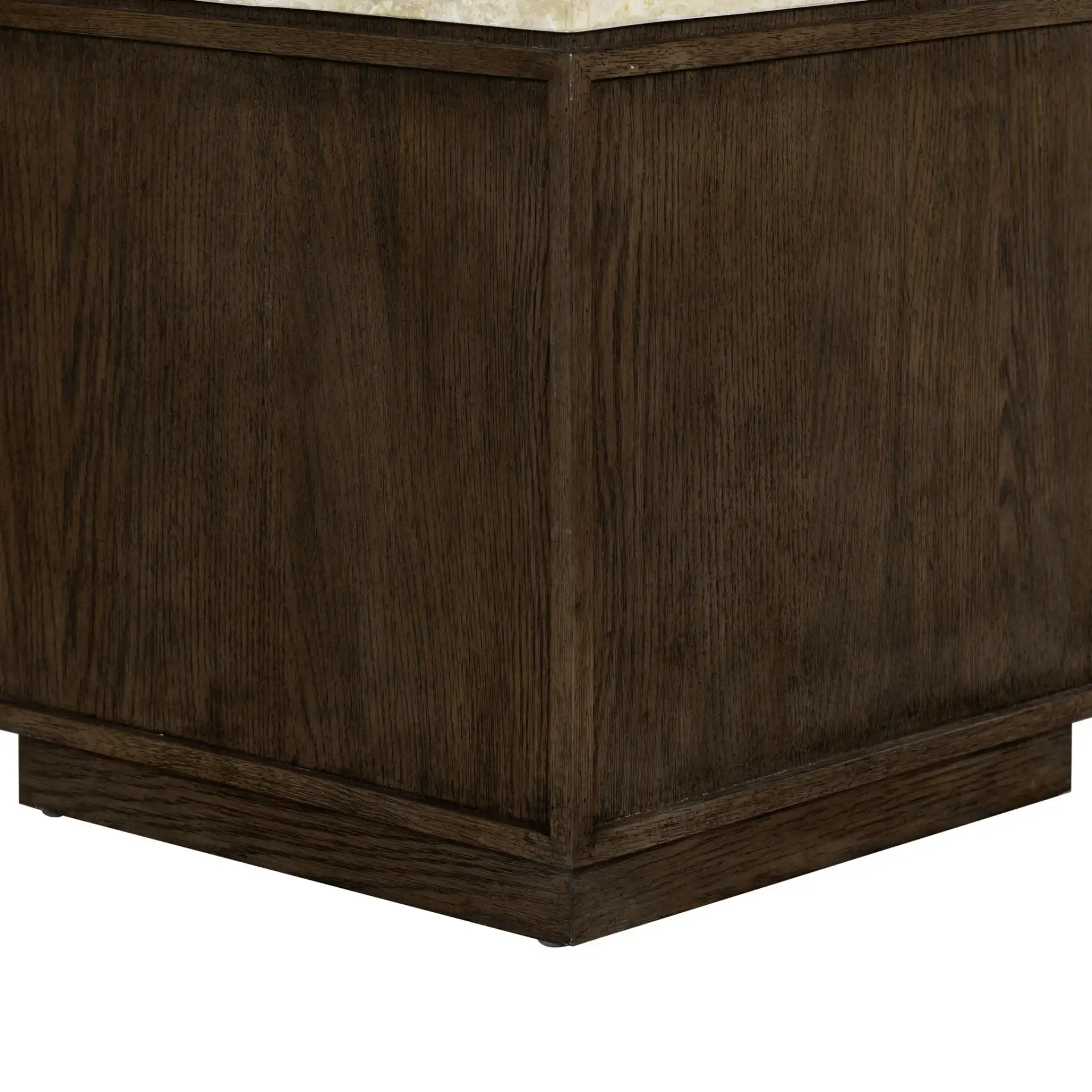Alysandria Square Accent Table in Dark Brown Oak / Travertine, detail view