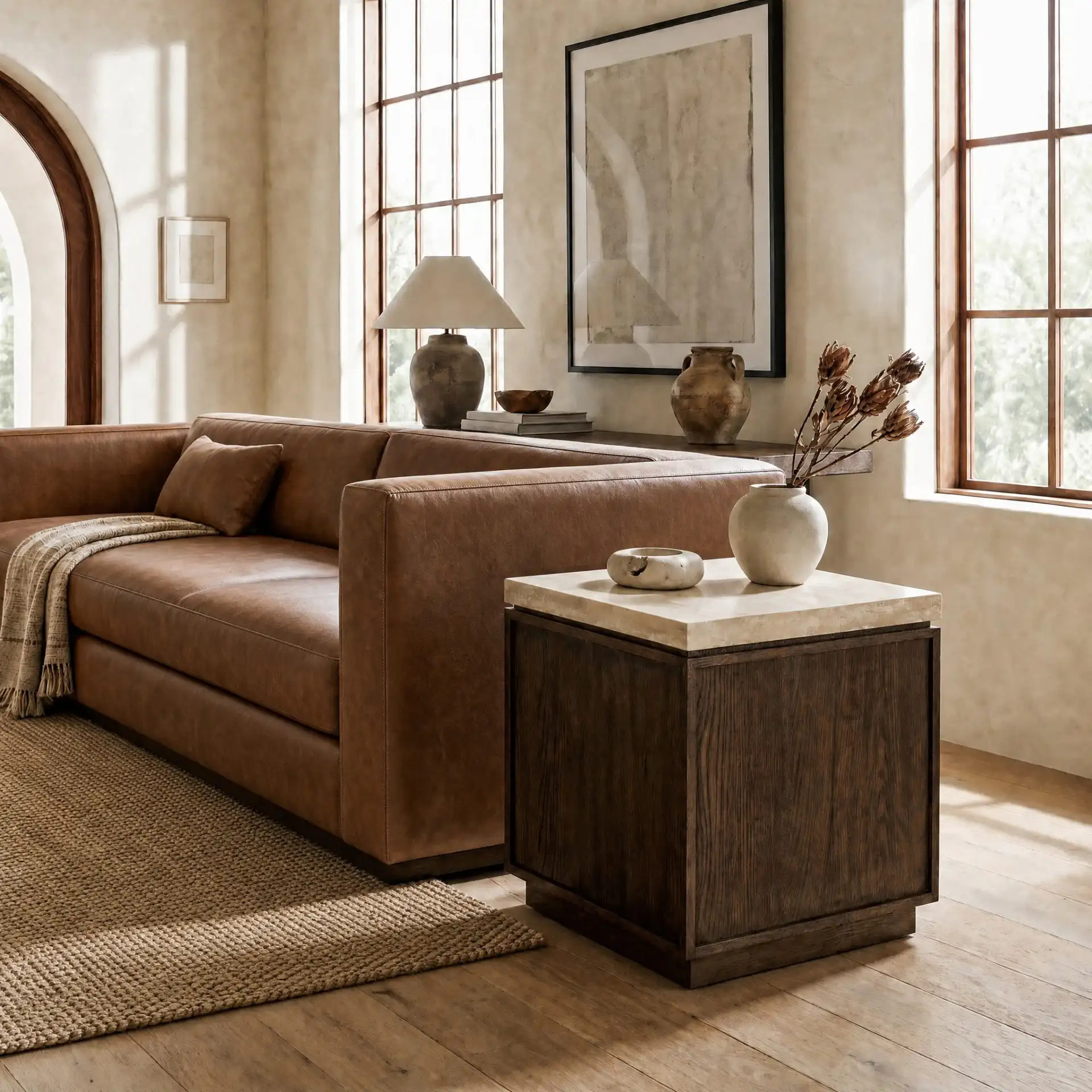 Alysandria Square Accent Table in Dark Brown Oak / Travertine in a styled room