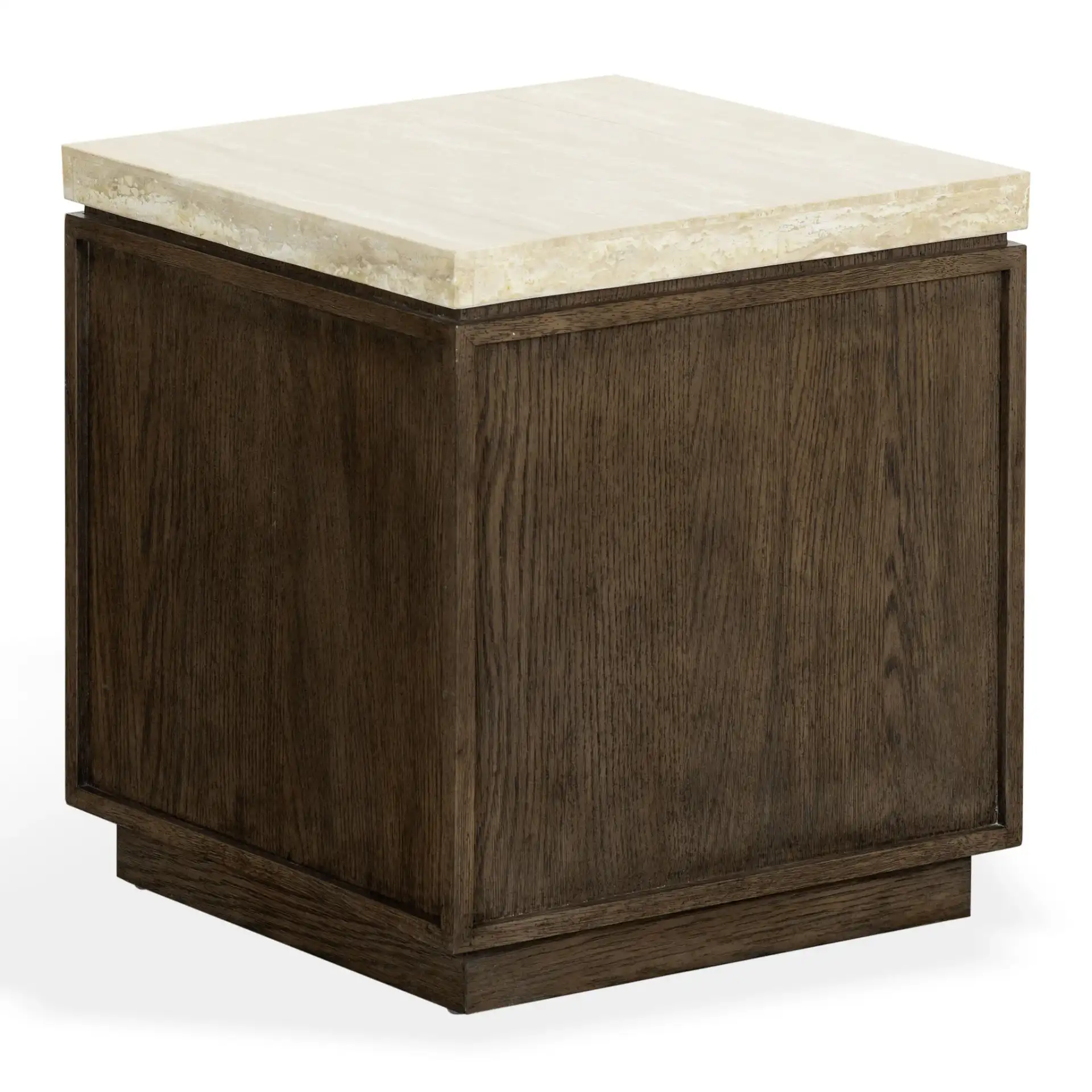 Alysandria Square Accent Table in Dark Brown Oak / Travertine, detail view