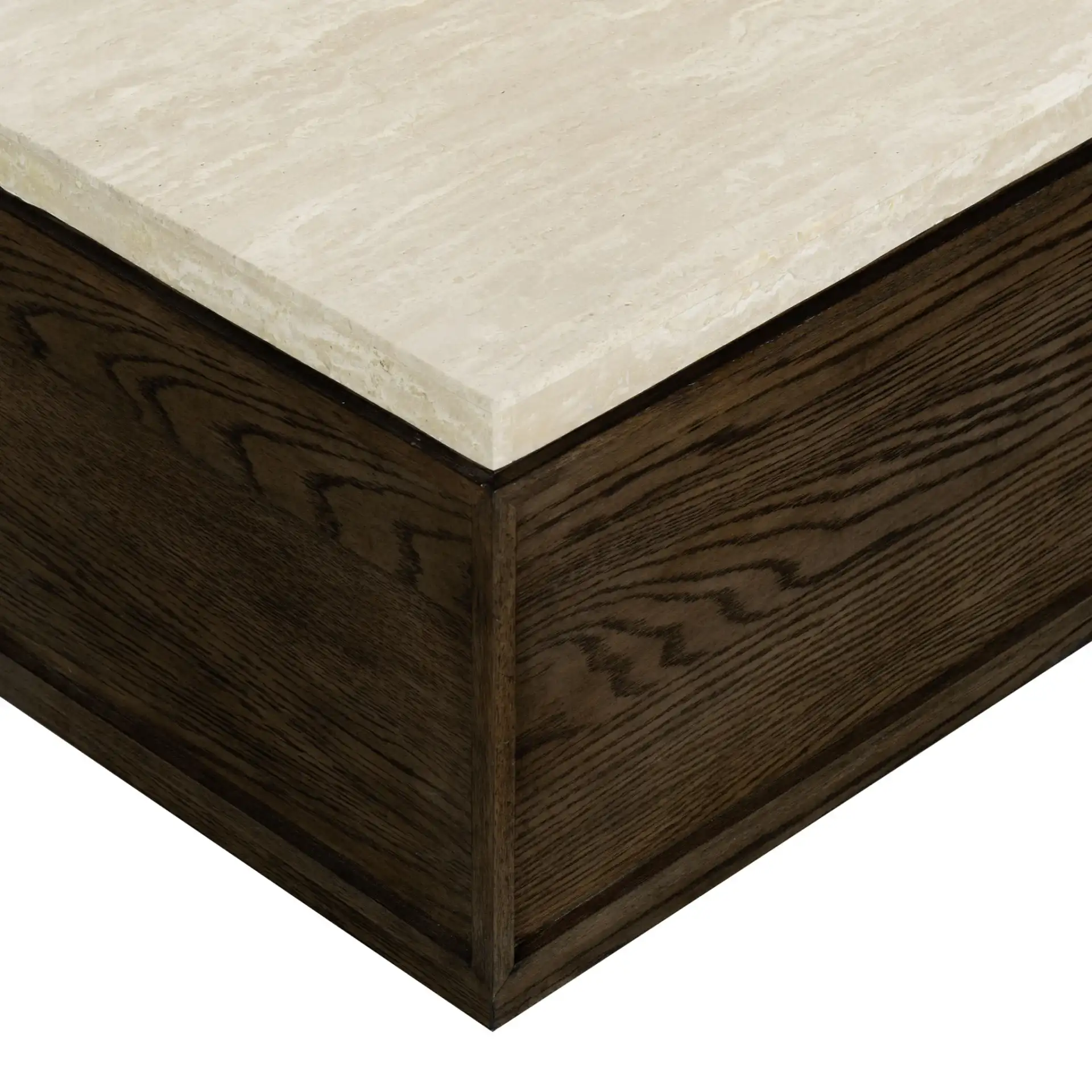 Alysandria Rect Coffee Table in Dark Brown Oak / Travertine in a styled room