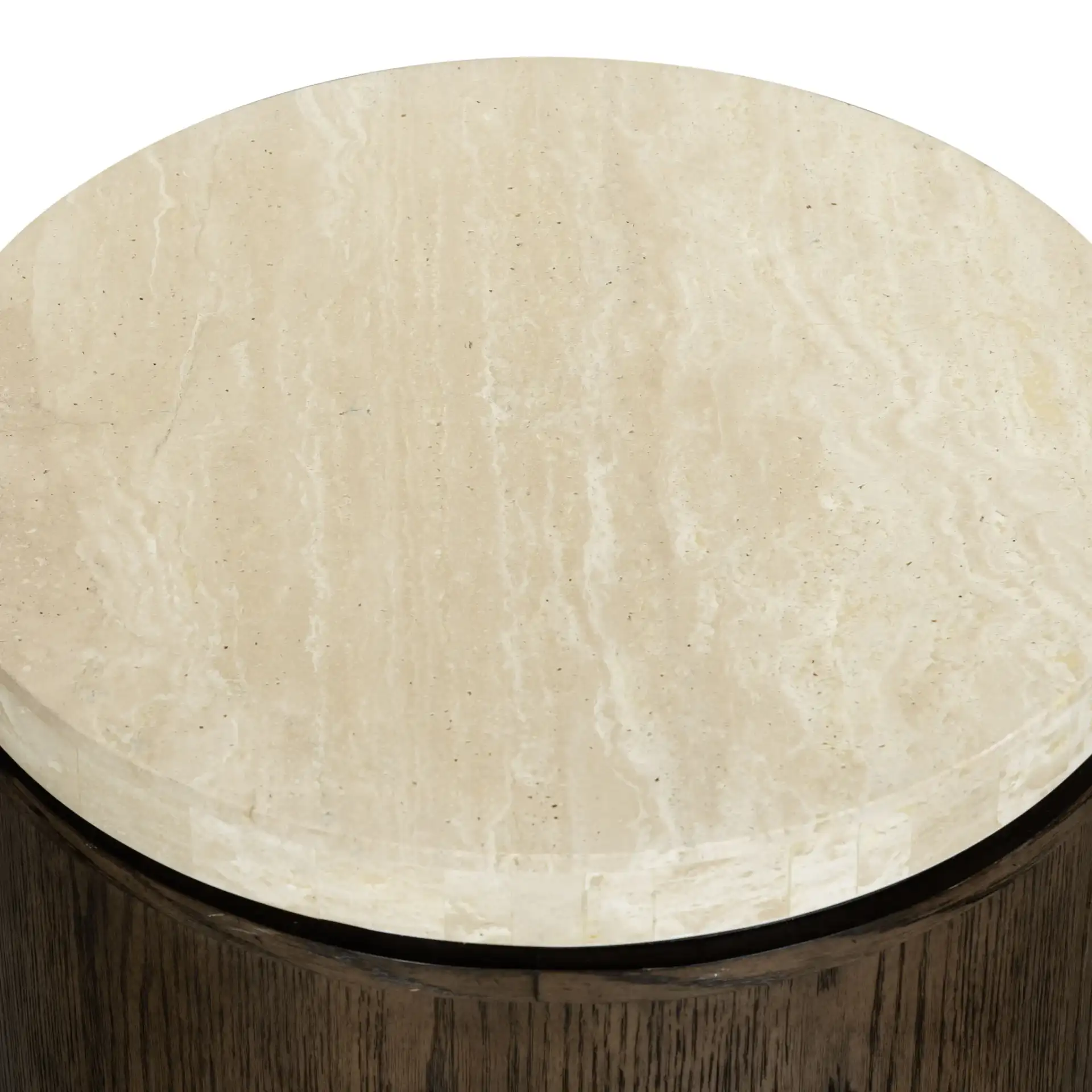 Alysandria Round Accent Table in Dark Brown Oak / Travertine in a styled room