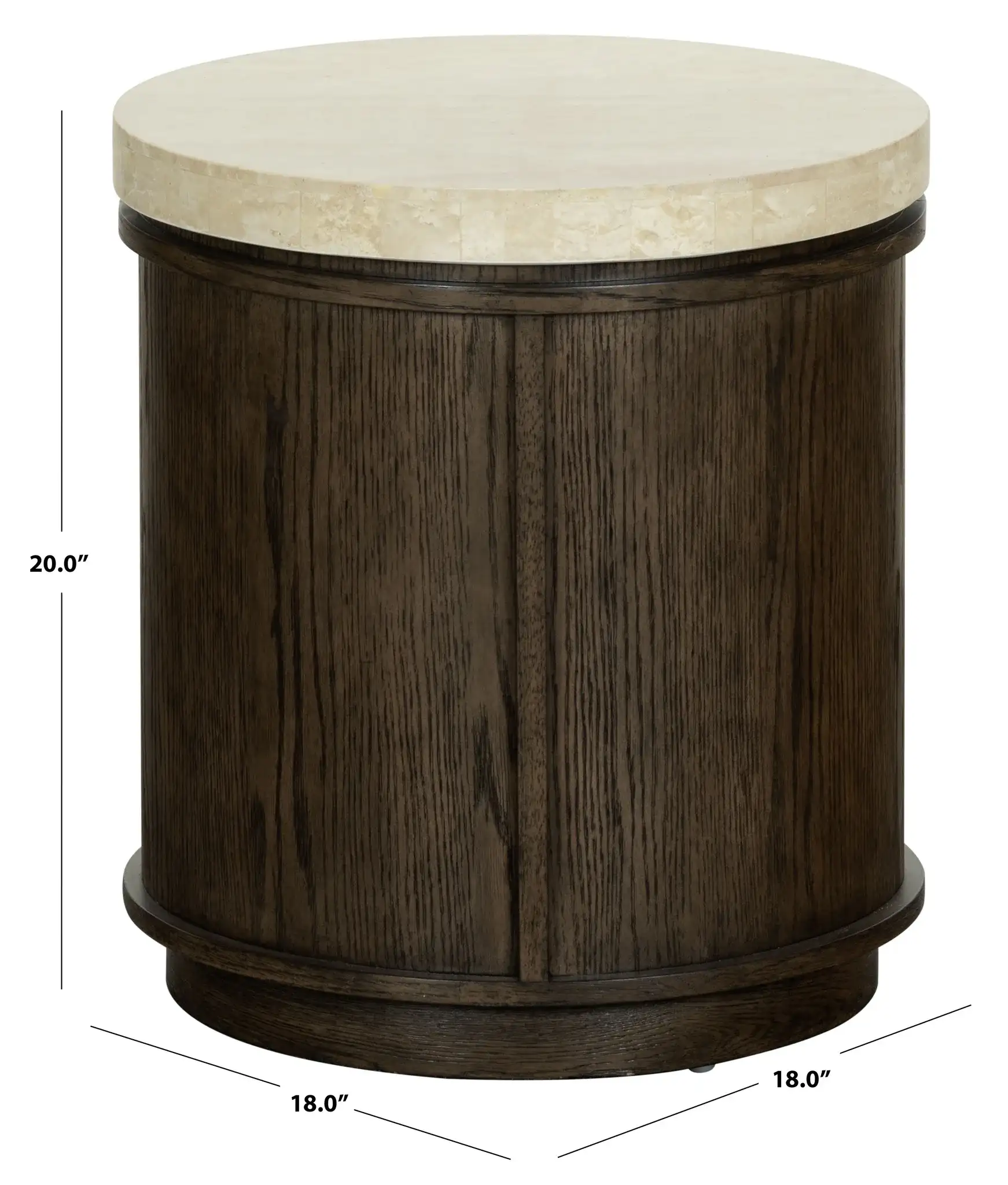 Alysandria Round Accent Table in Dark Brown Oak / Travertine, detail view