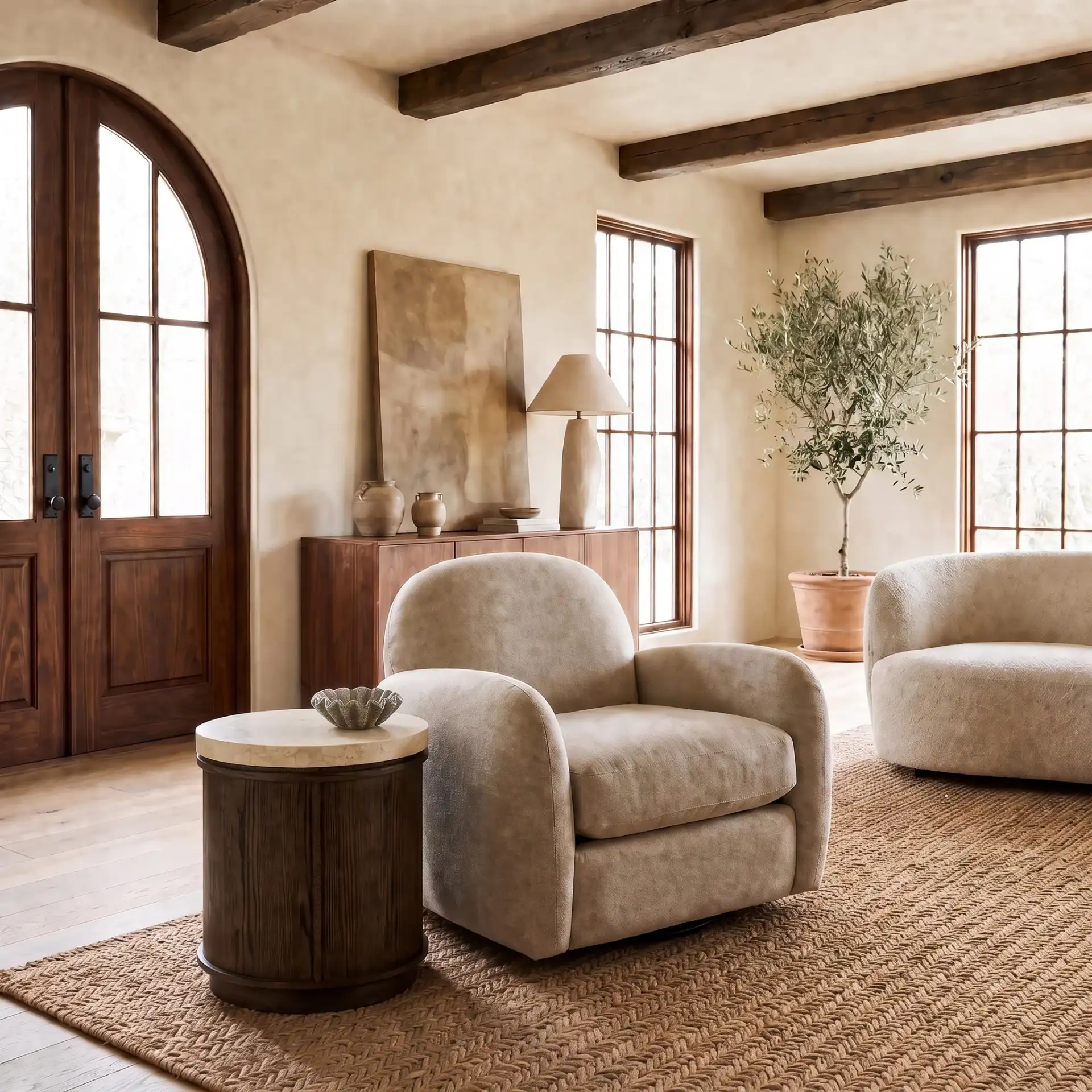 Alysandria Round Accent Table in Dark Brown Oak / Travertine in a styled room