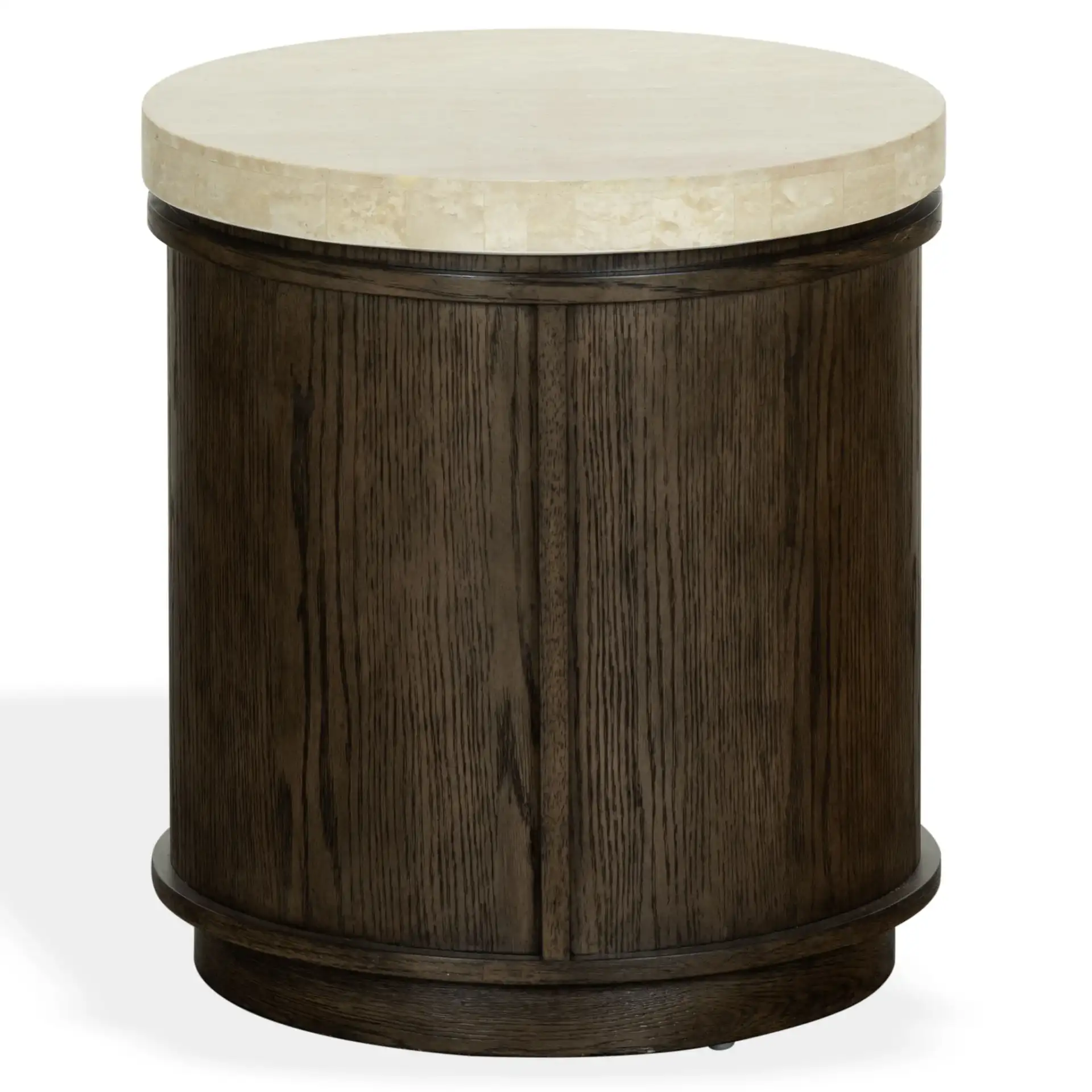 Alysandria Round Accent Table in Dark Brown Oak / Travertine, detail view