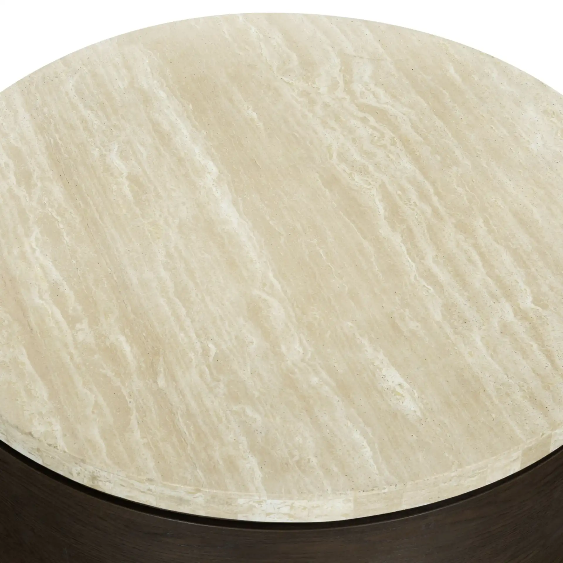 Alysandria Round Coffee Table in Dark Brown Oak / Travertine in a styled room