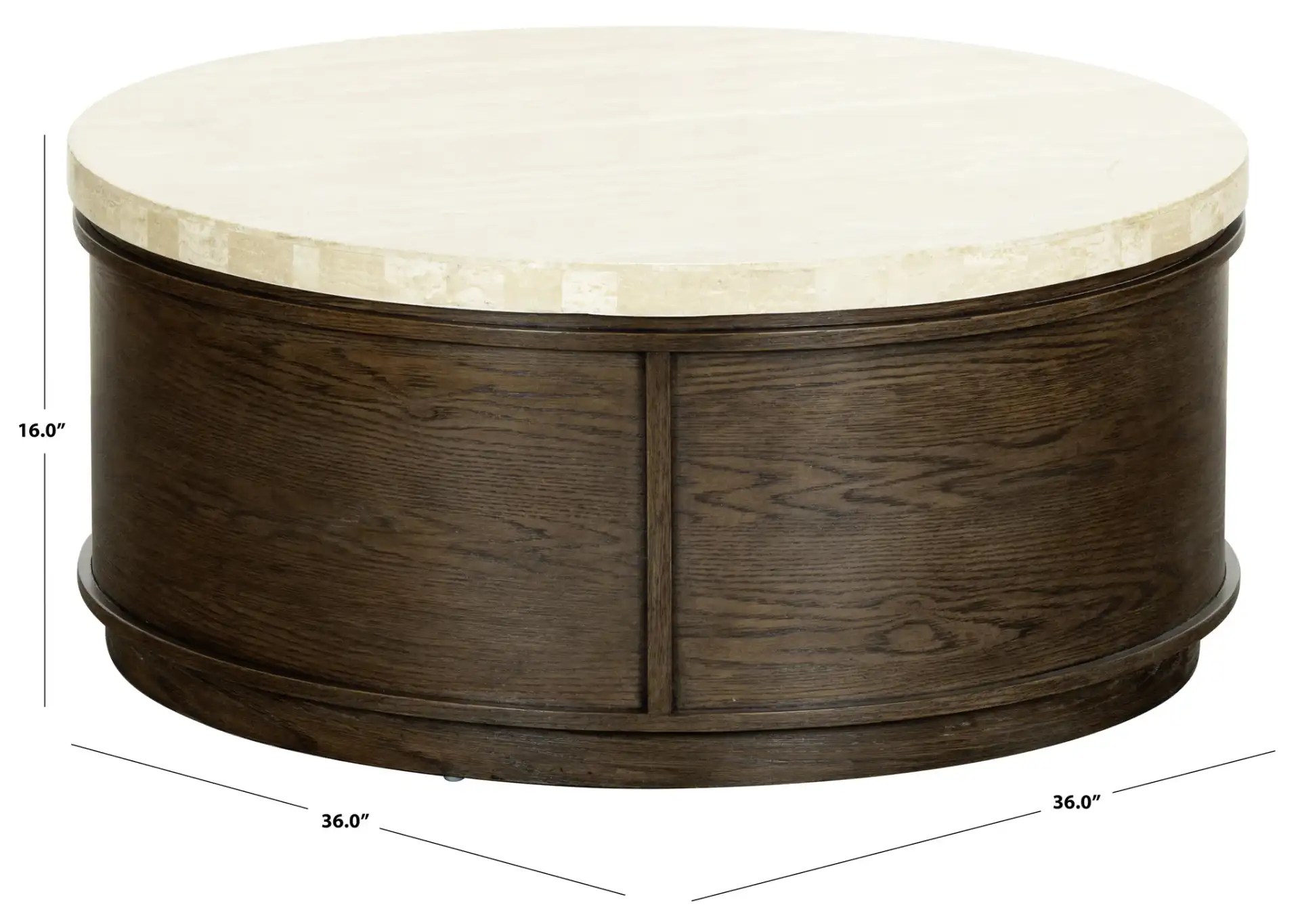 Alysandria Round Coffee Table in Dark Brown Oak / Travertine, detail view