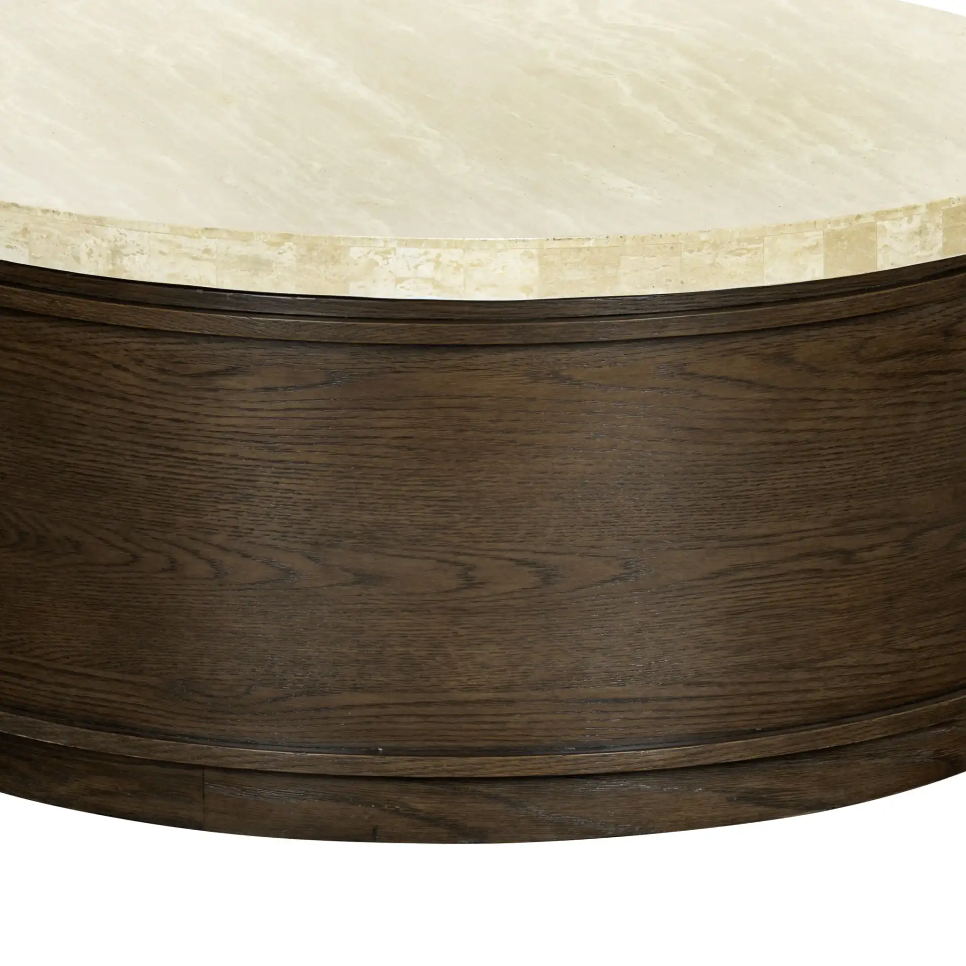 Alysandria Round Coffee Table in Dark Brown Oak / Travertine, detail view