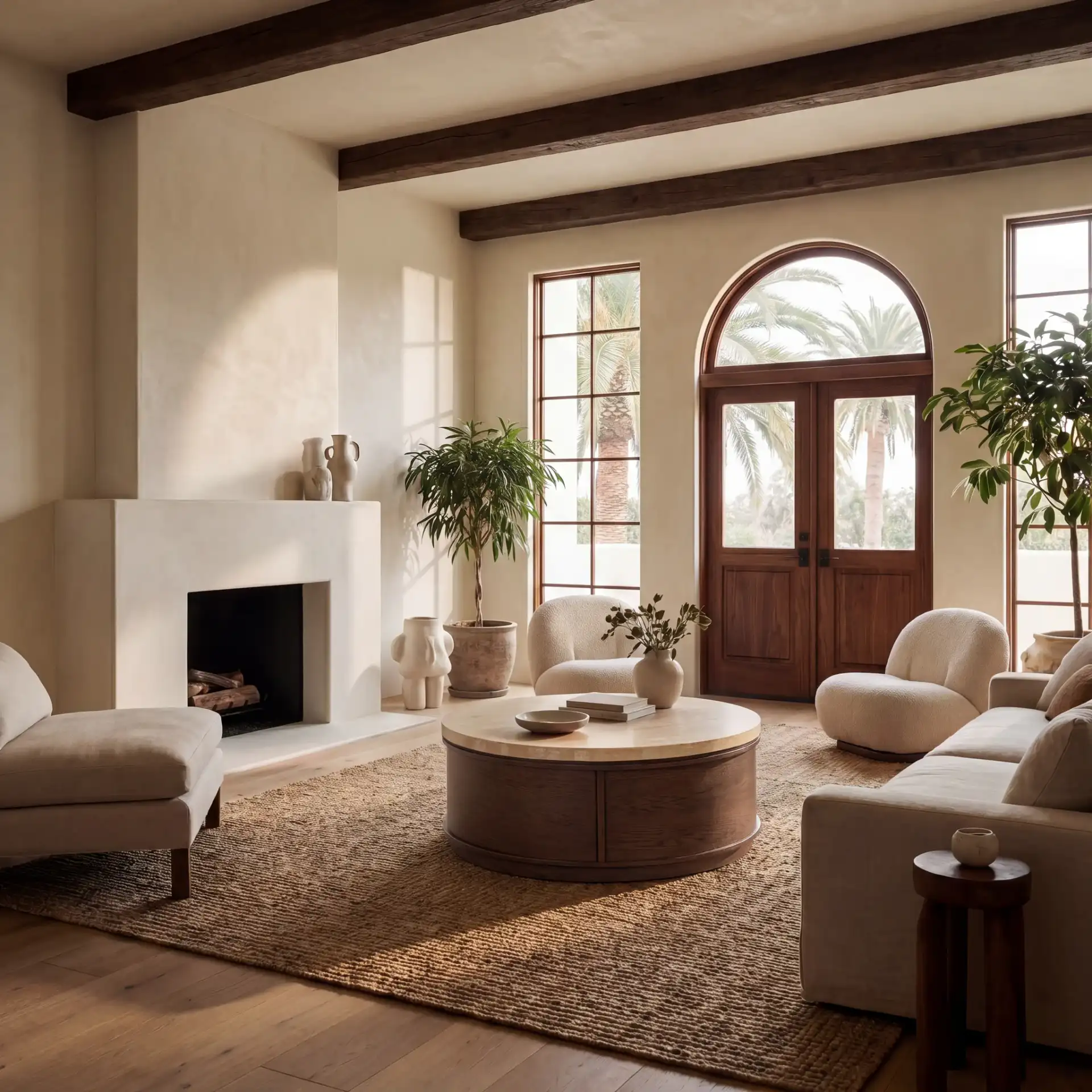 Alysandria Round Coffee Table in Dark Brown Oak / Travertine in a styled room