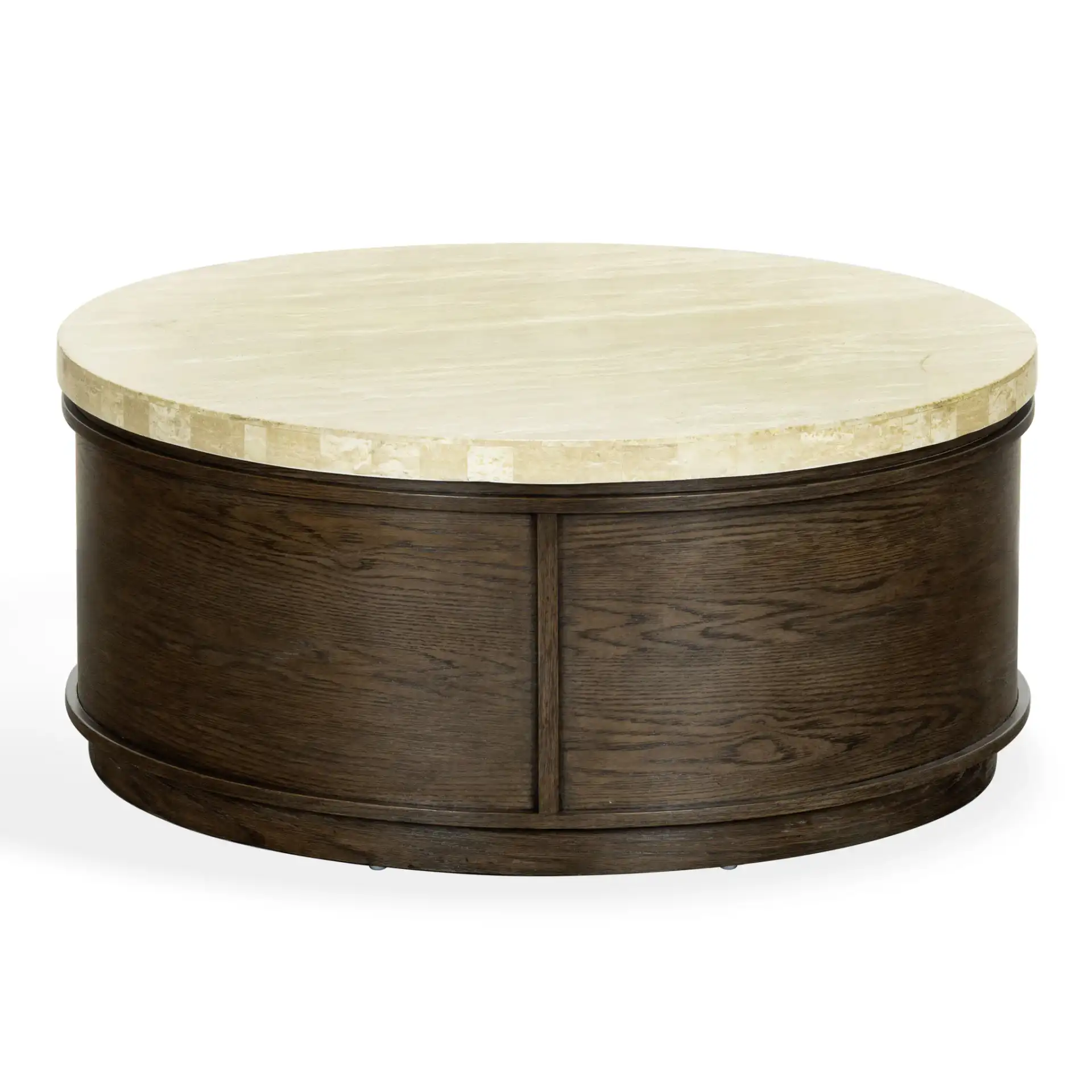 Alysandria Round Coffee Table in Dark Brown Oak / Travertine, detail view