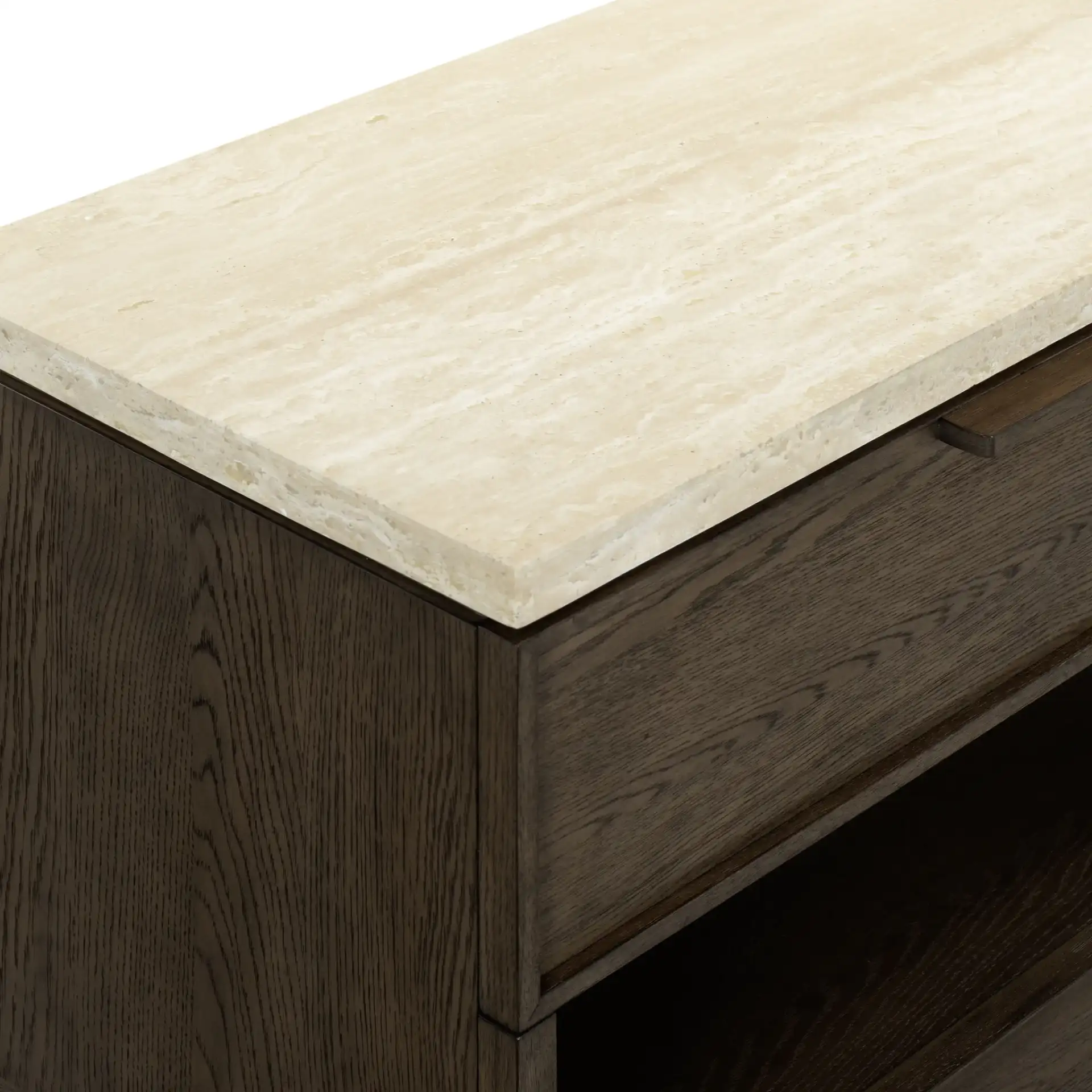Alysandria One-Drawer Nightstand in Dark Brown Oak / Travertine in a styled room