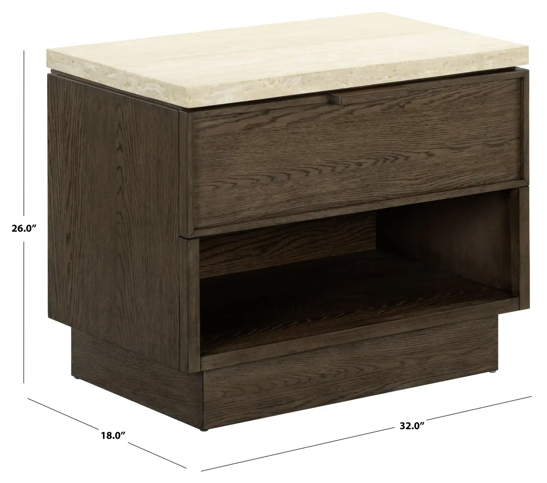 Alysandria One-Drawer Nightstand in Dark Brown Oak / Travertine, detail view