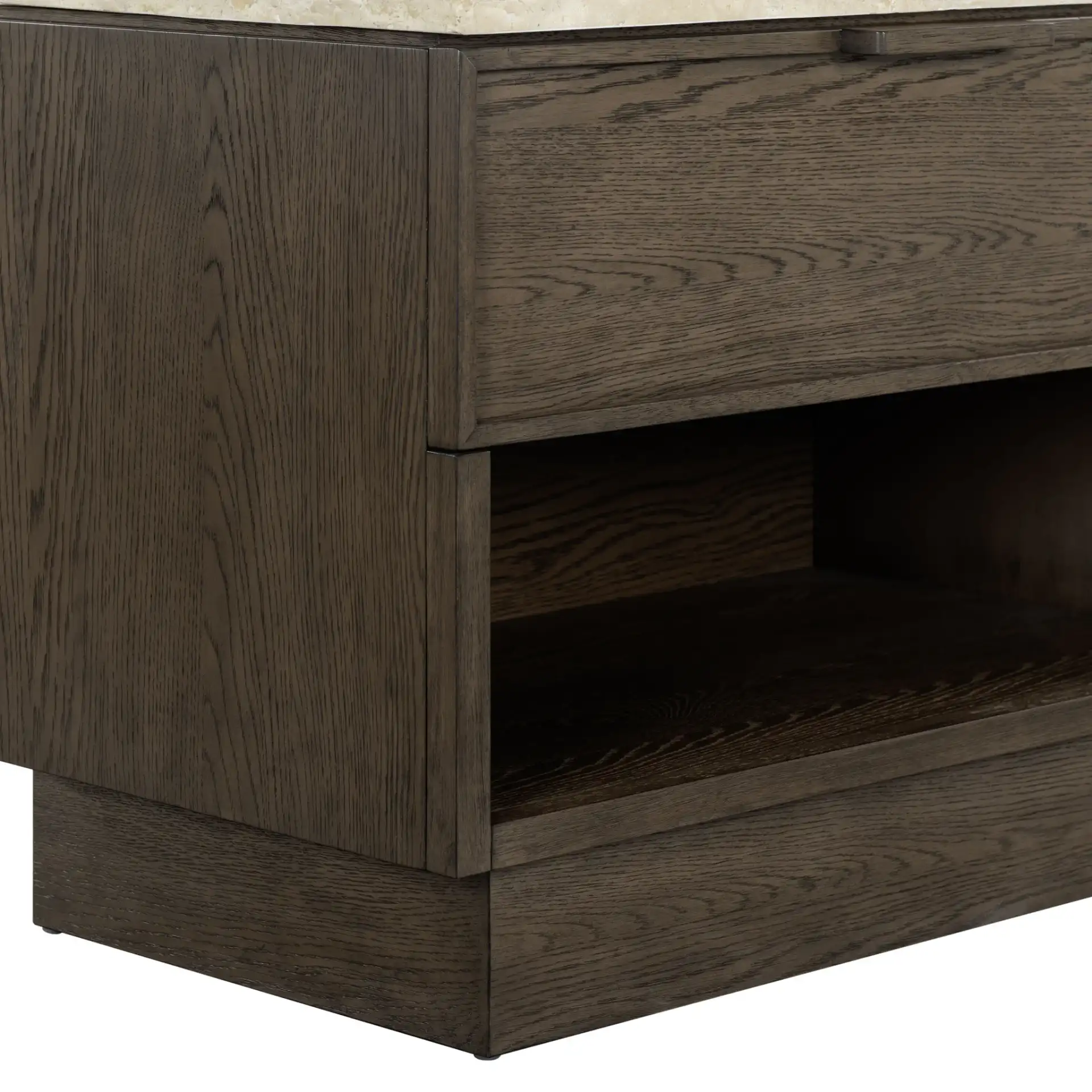 Alysandria One-Drawer Nightstand in Dark Brown Oak / Travertine, detail view