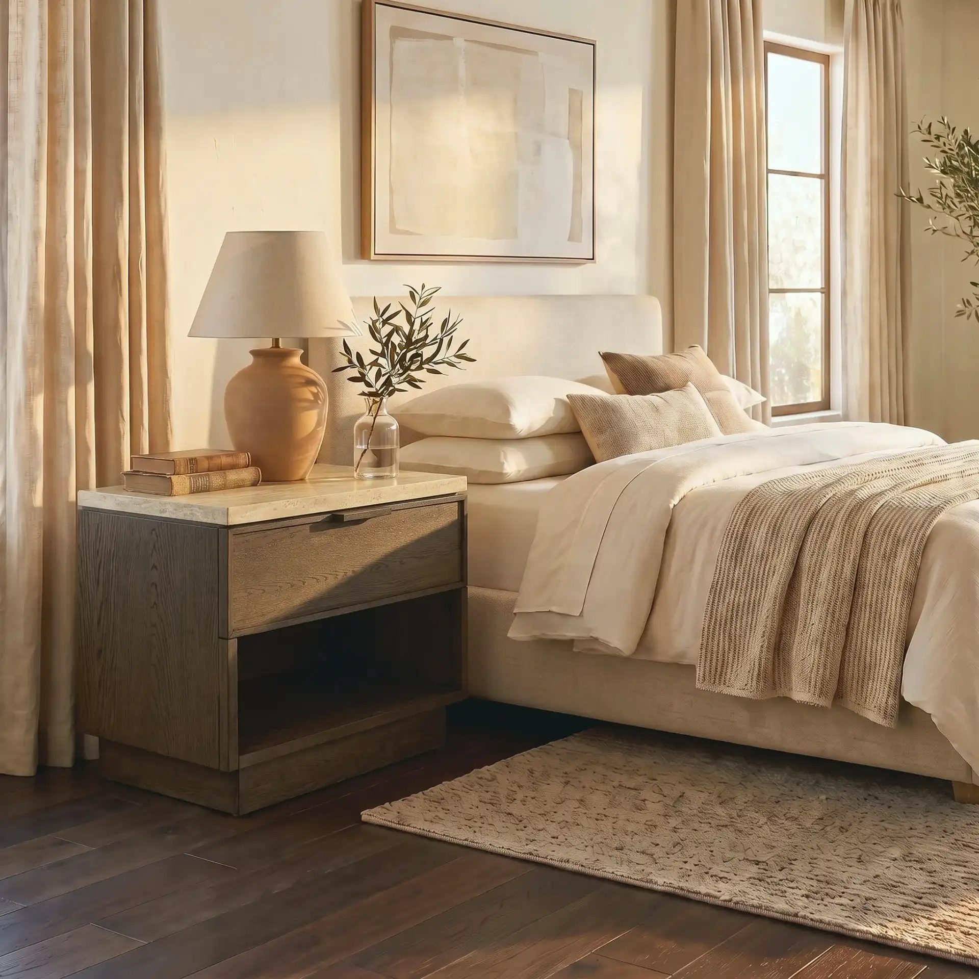 Alysandria One-Drawer Nightstand in Dark Brown Oak / Travertine in a styled room