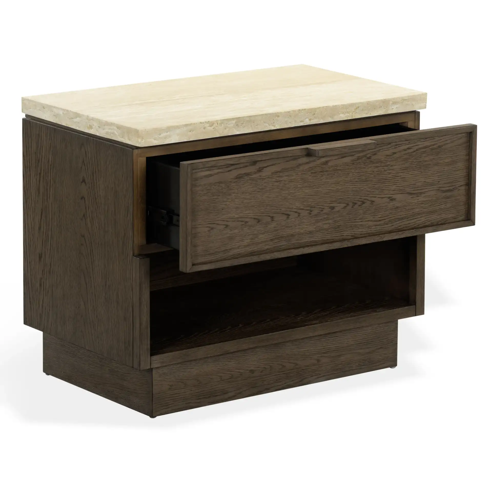 Alysandria One-Drawer Nightstand in Dark Brown Oak / Travertine, detail view