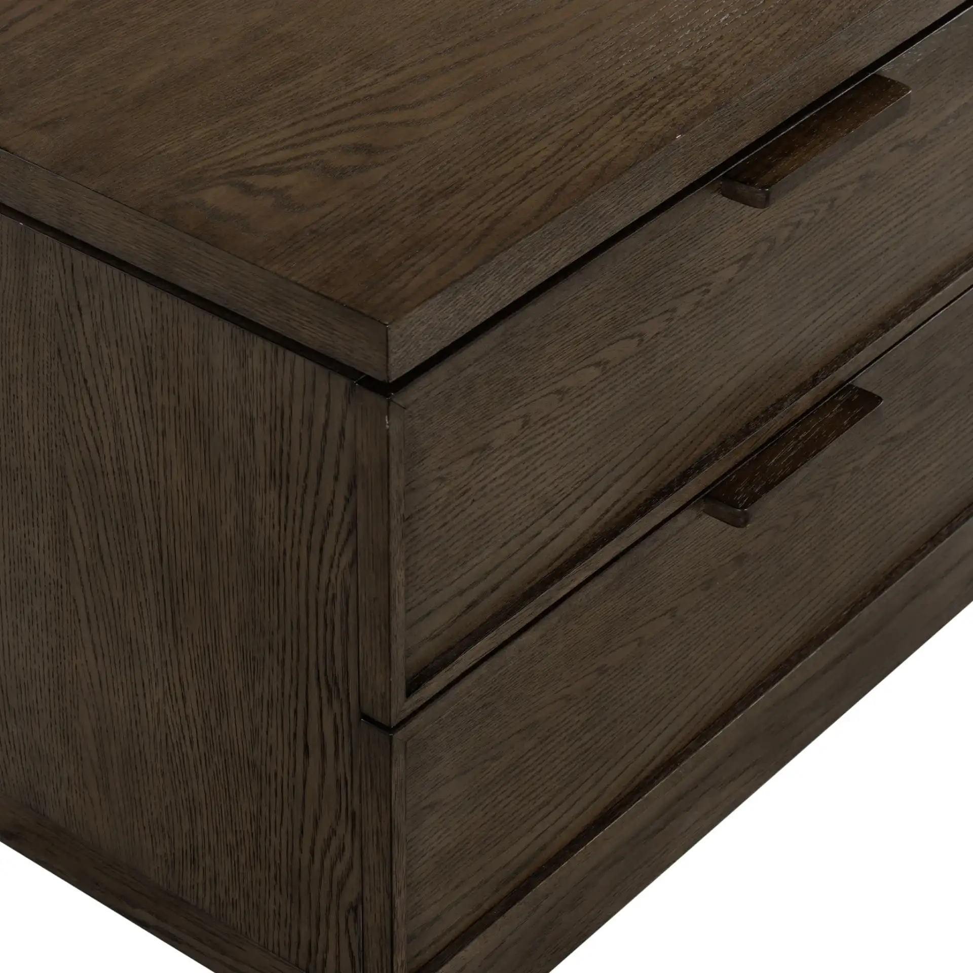 Alysandria Two-Drawer Nightstand in Dark Brown Oak in a styled room