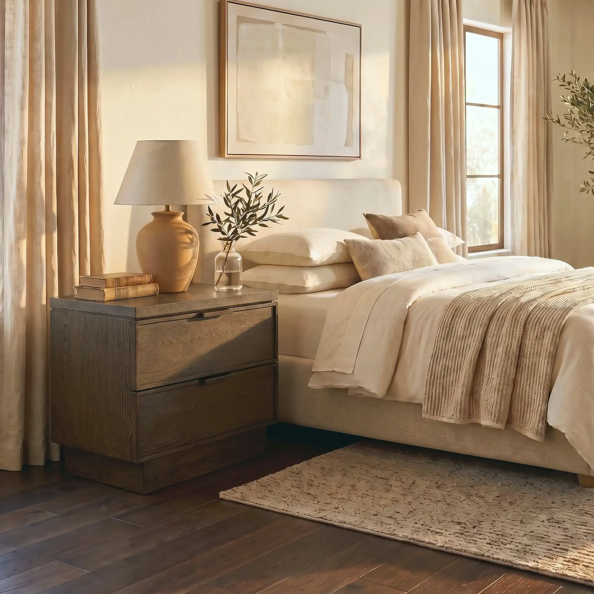 Alysandria Two-Drawer Nightstand in Dark Brown Oak in a styled room