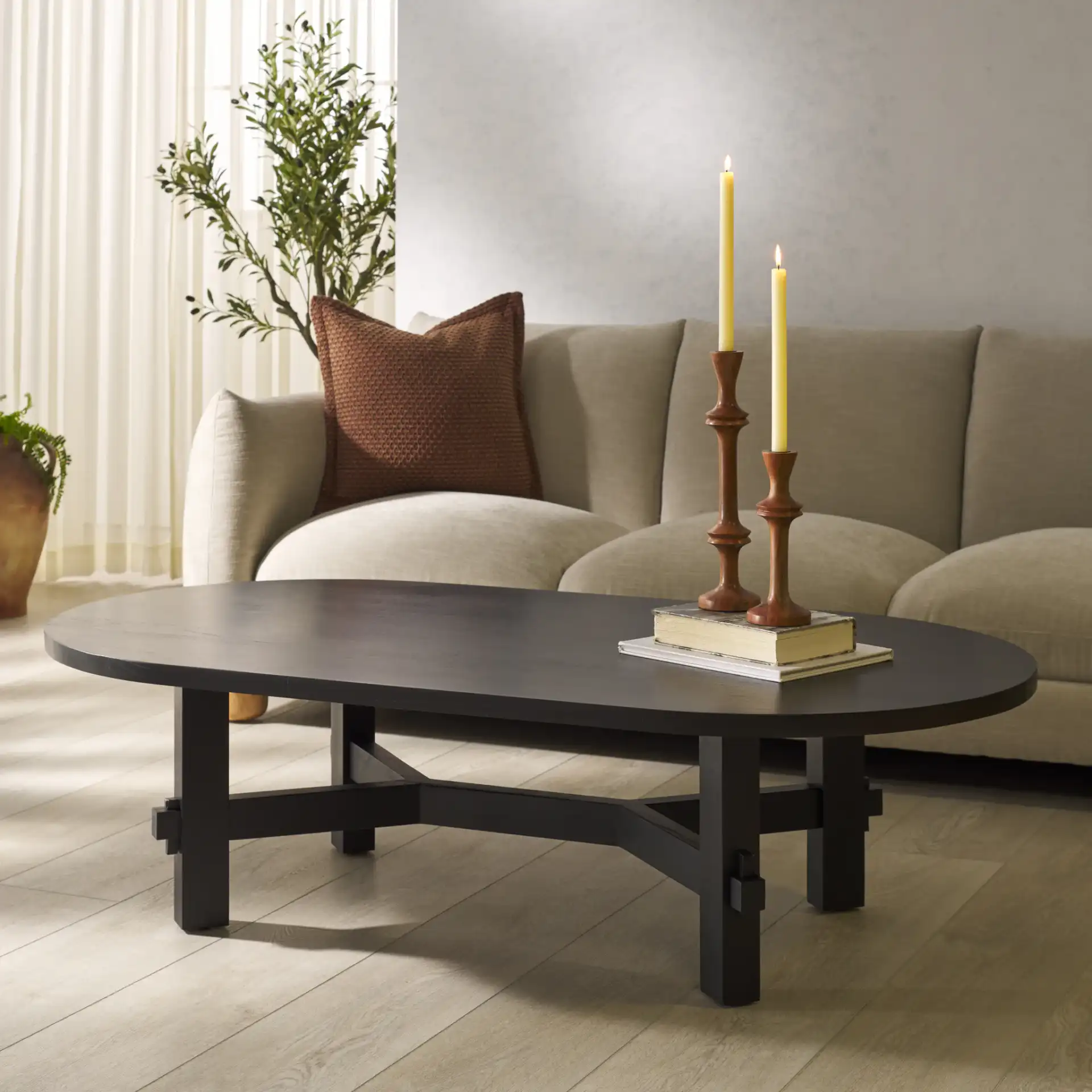 Tabytha Wood Coffee Table in Black in a styled room