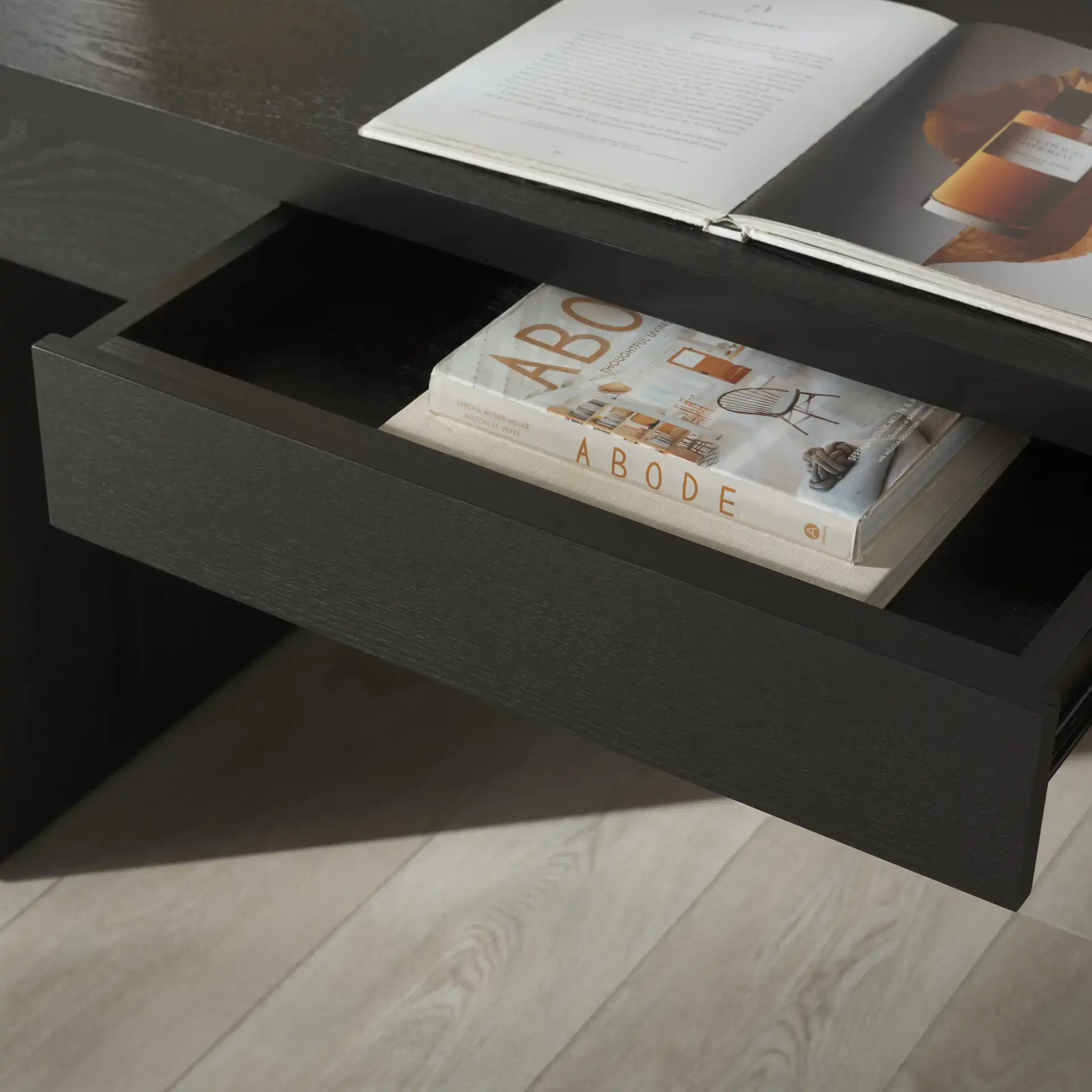 Deborah Wood Desk in Black in a styled room