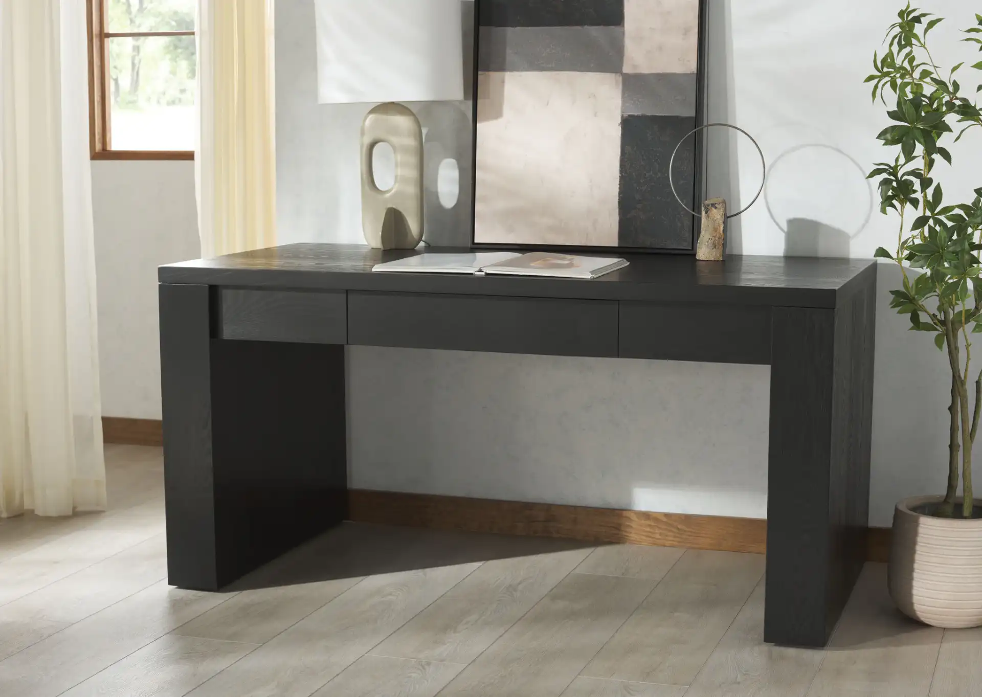 Deborah Wood Desk in Black in a styled room
