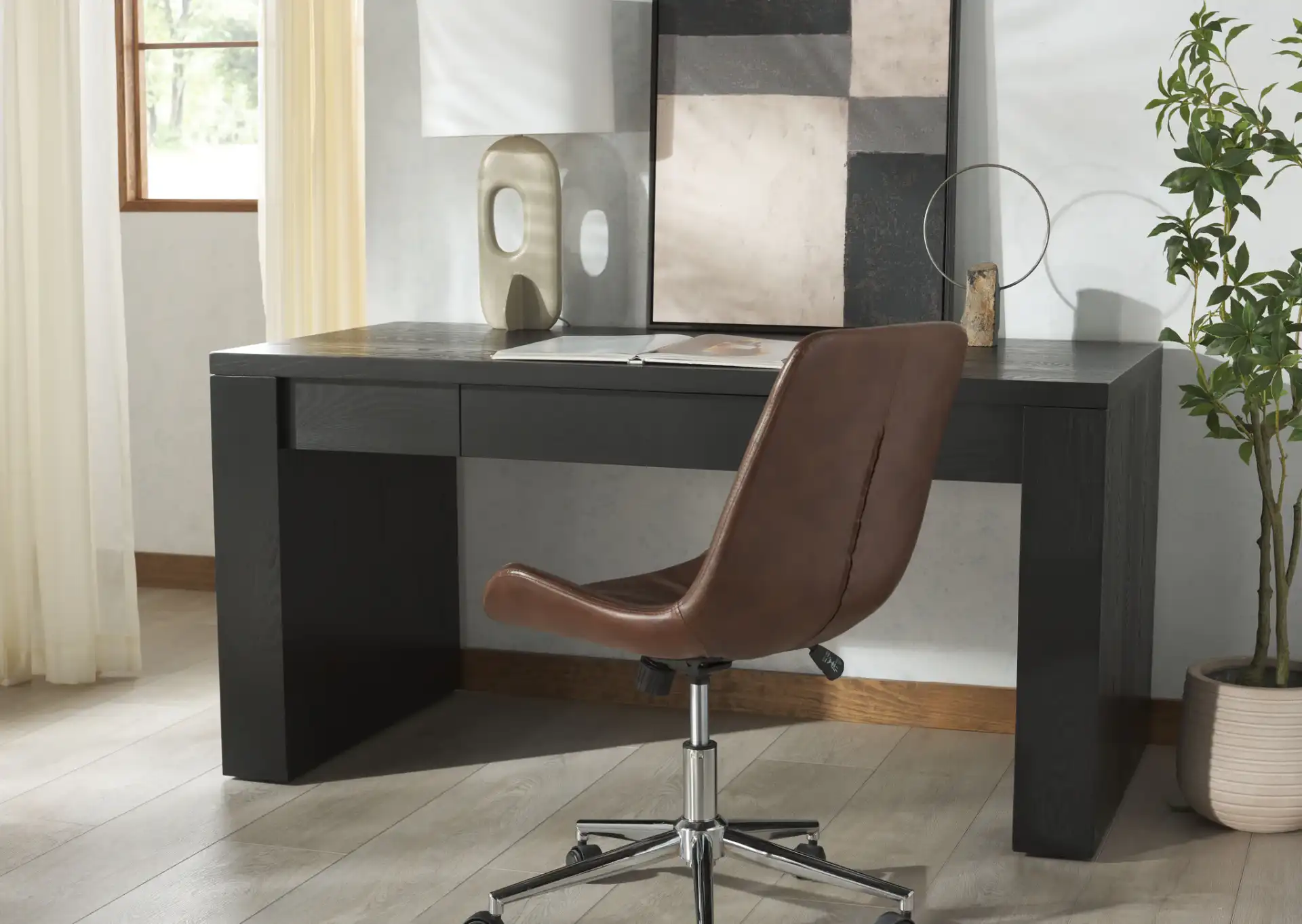 Deborah Wood Desk in Black in a styled room