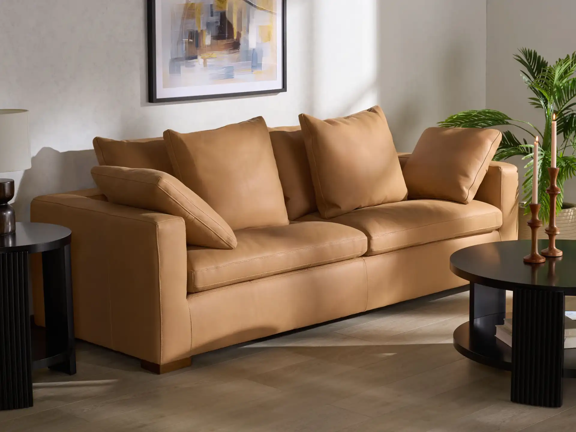 Blanca Leather Sofa in Brown in a styled room