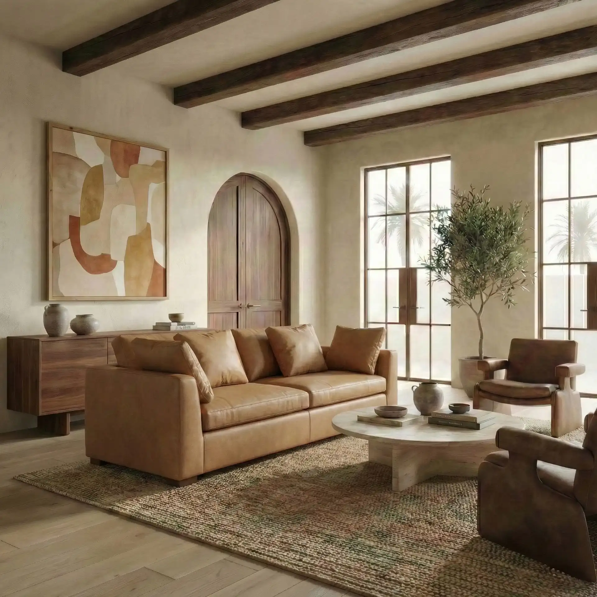 Blanca Leather Sofa in Brown in a styled room