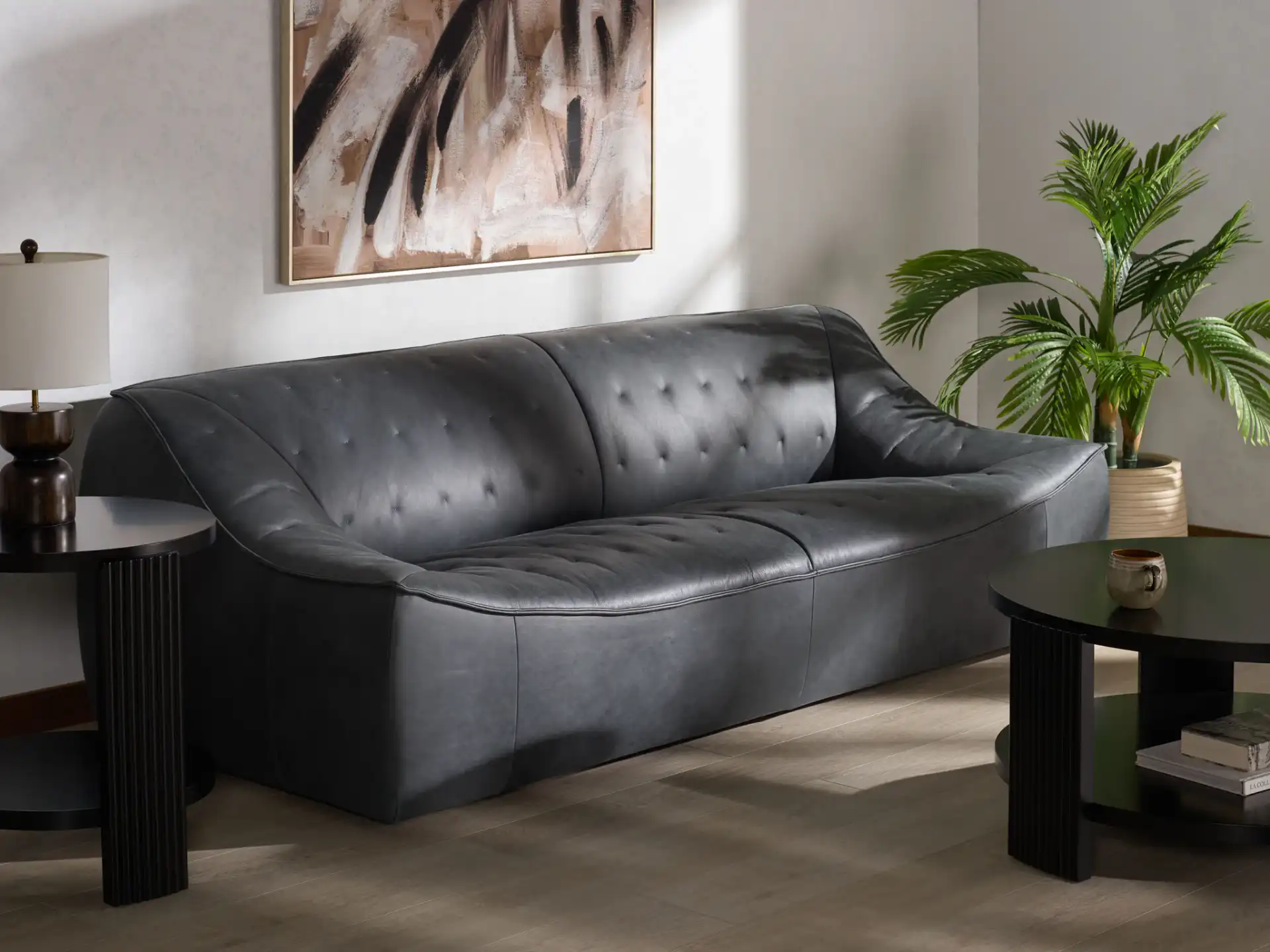 Agitha Leather Sofa in Dark Gray in a styled room