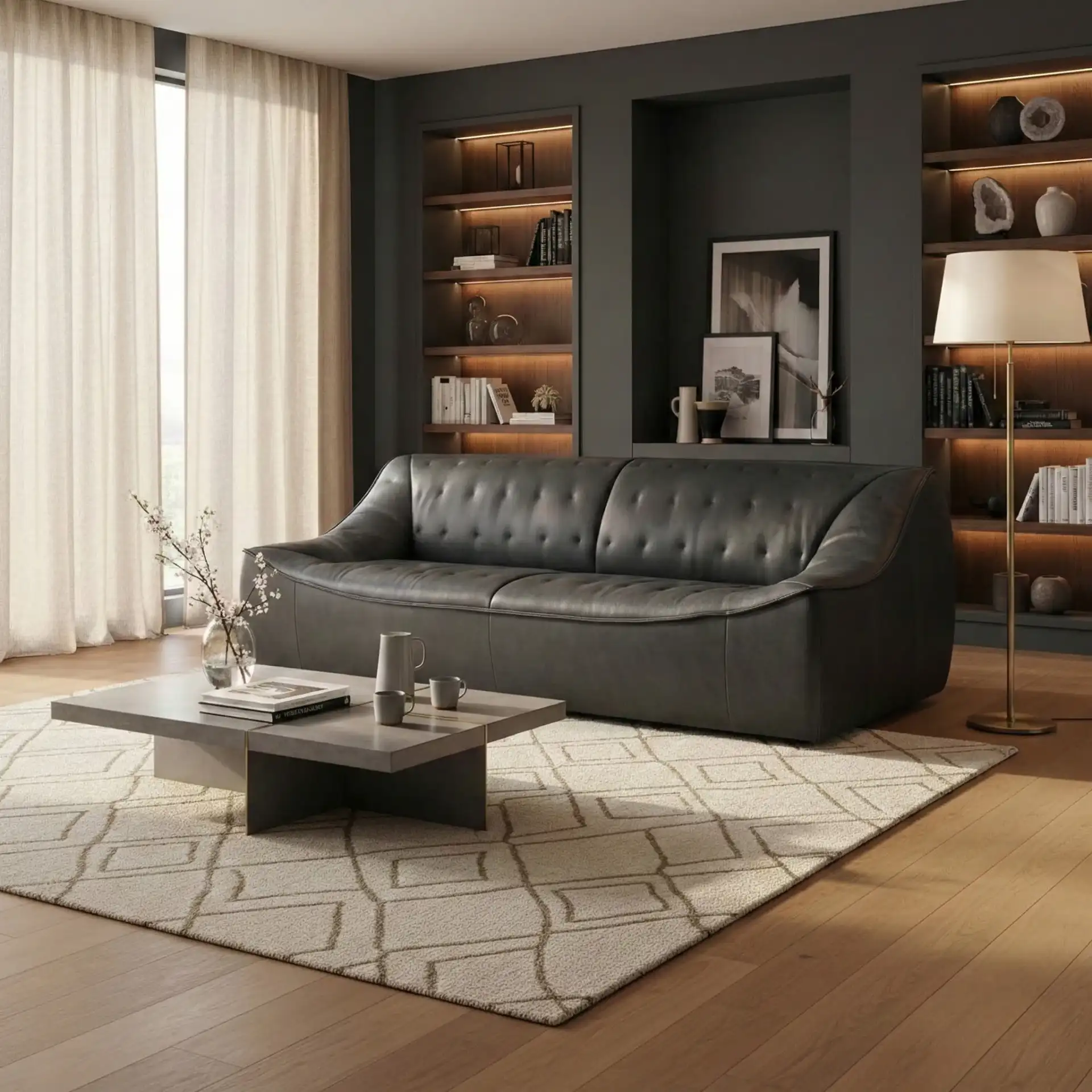 Agitha Leather Sofa in Dark Gray in a styled room