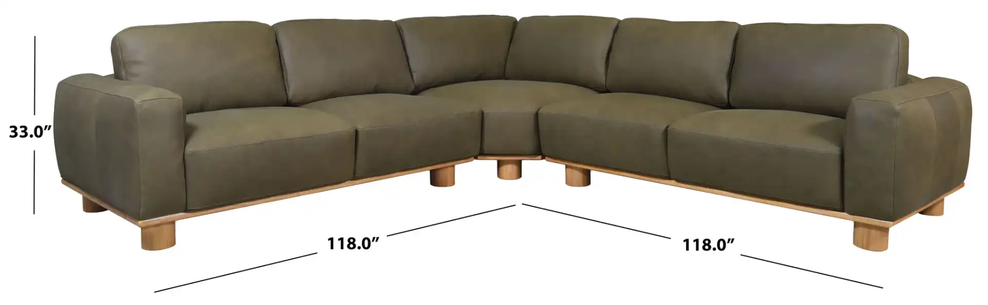 Ellyn Leather L-Shaped Sectional in Dark Olive, detail view