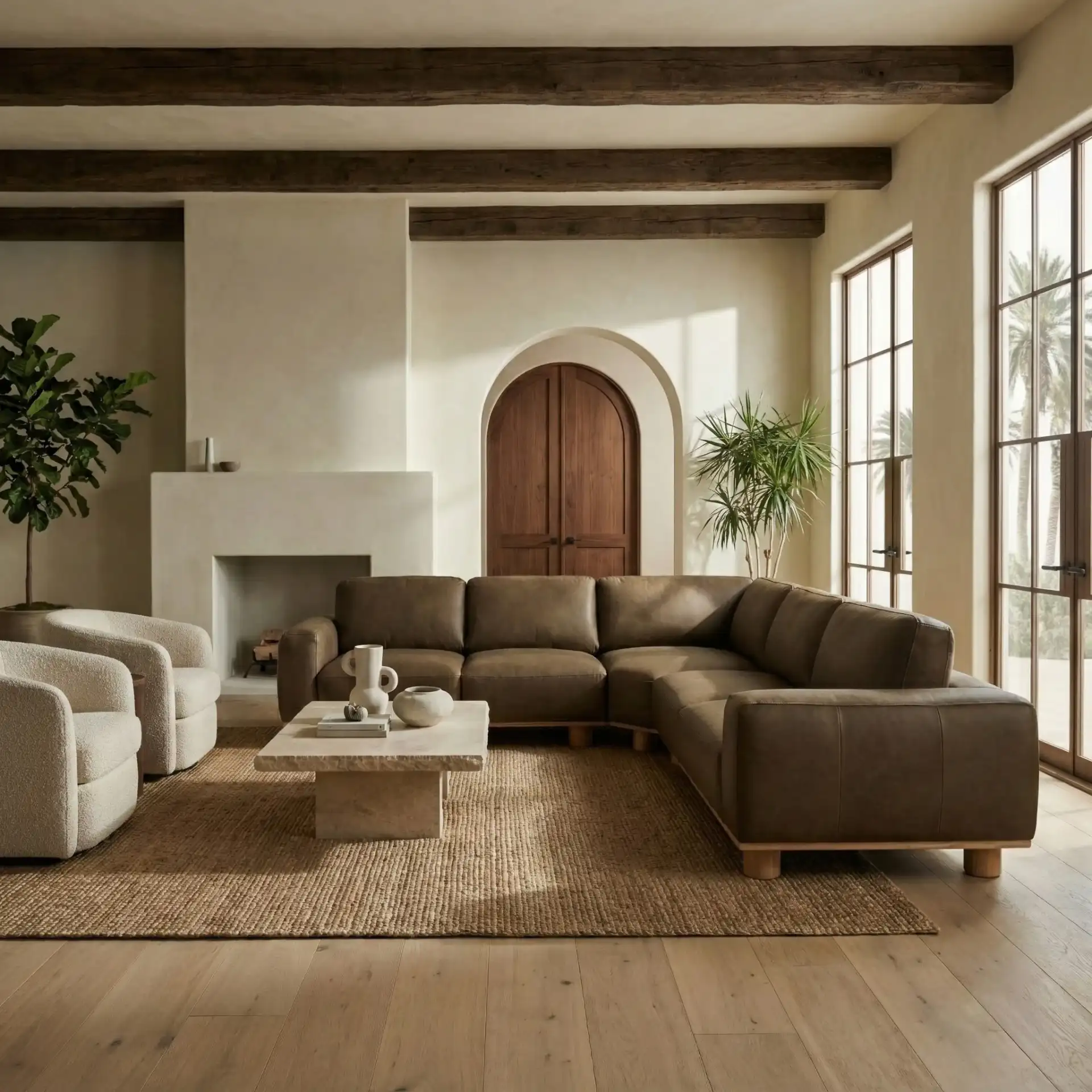 Ellyn Leather L-Shaped Sectional in Dark Olive in a styled room