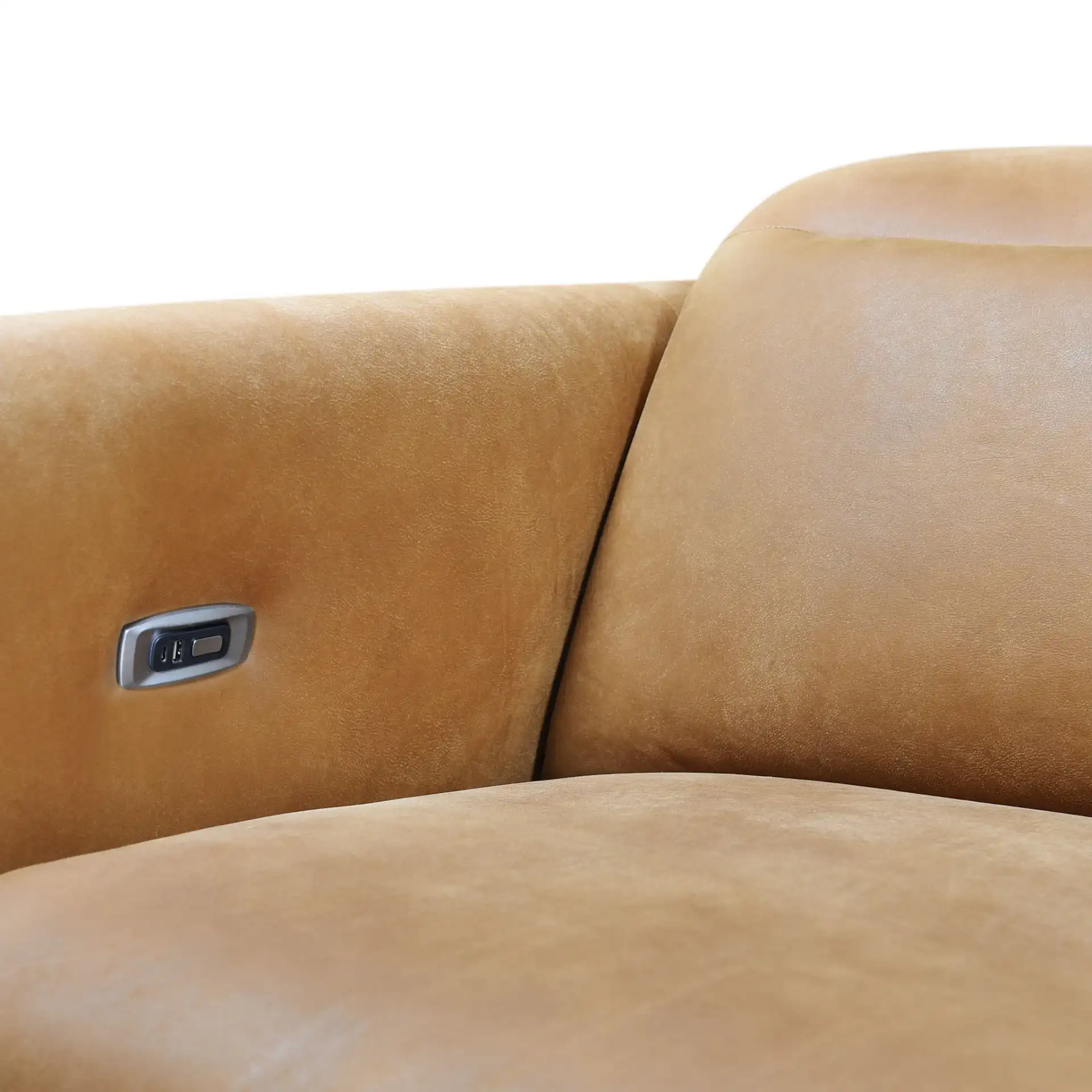 Doug Leather Reclining Sofa in Brown in a styled room