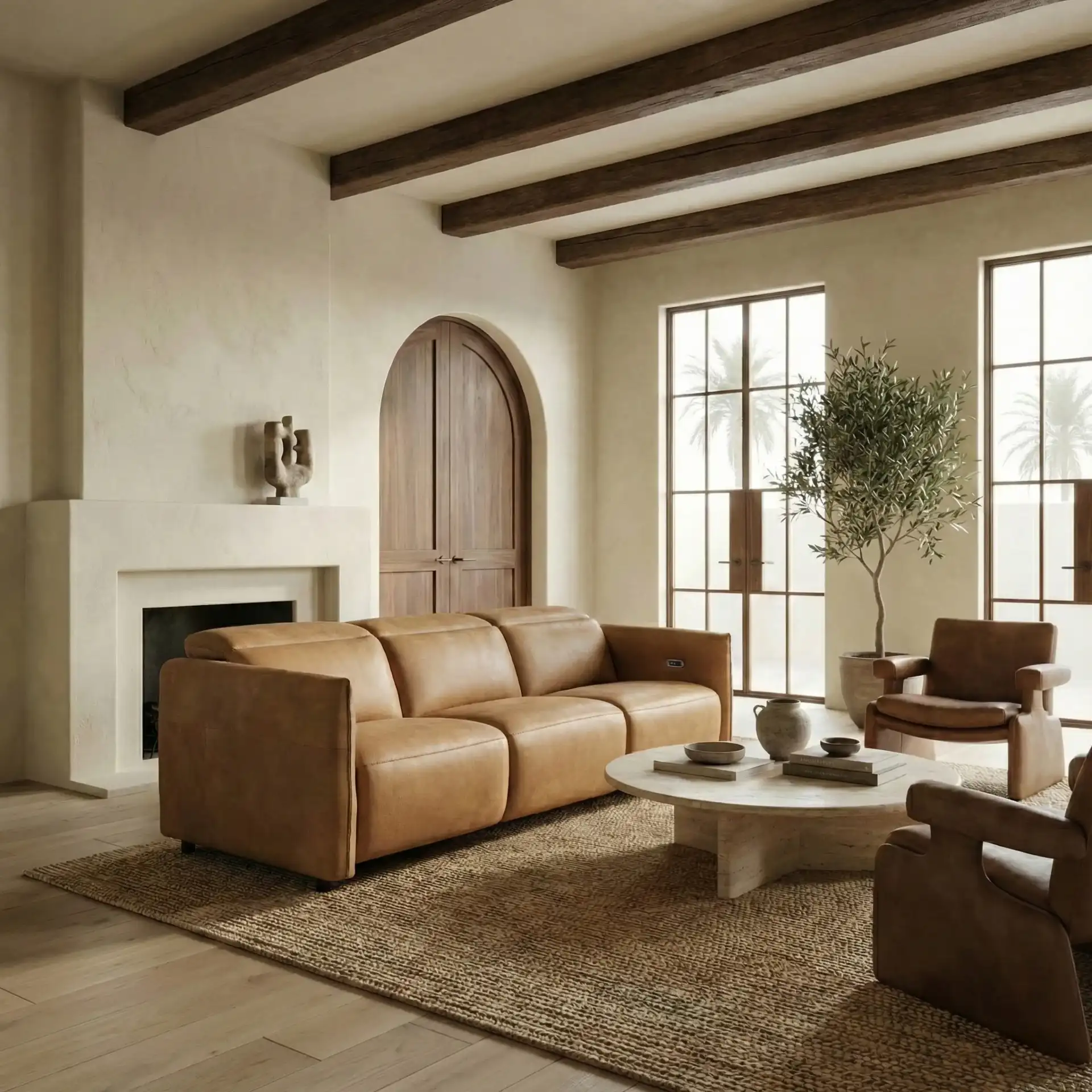 Doug Leather Reclining Sofa in Brown in a styled room