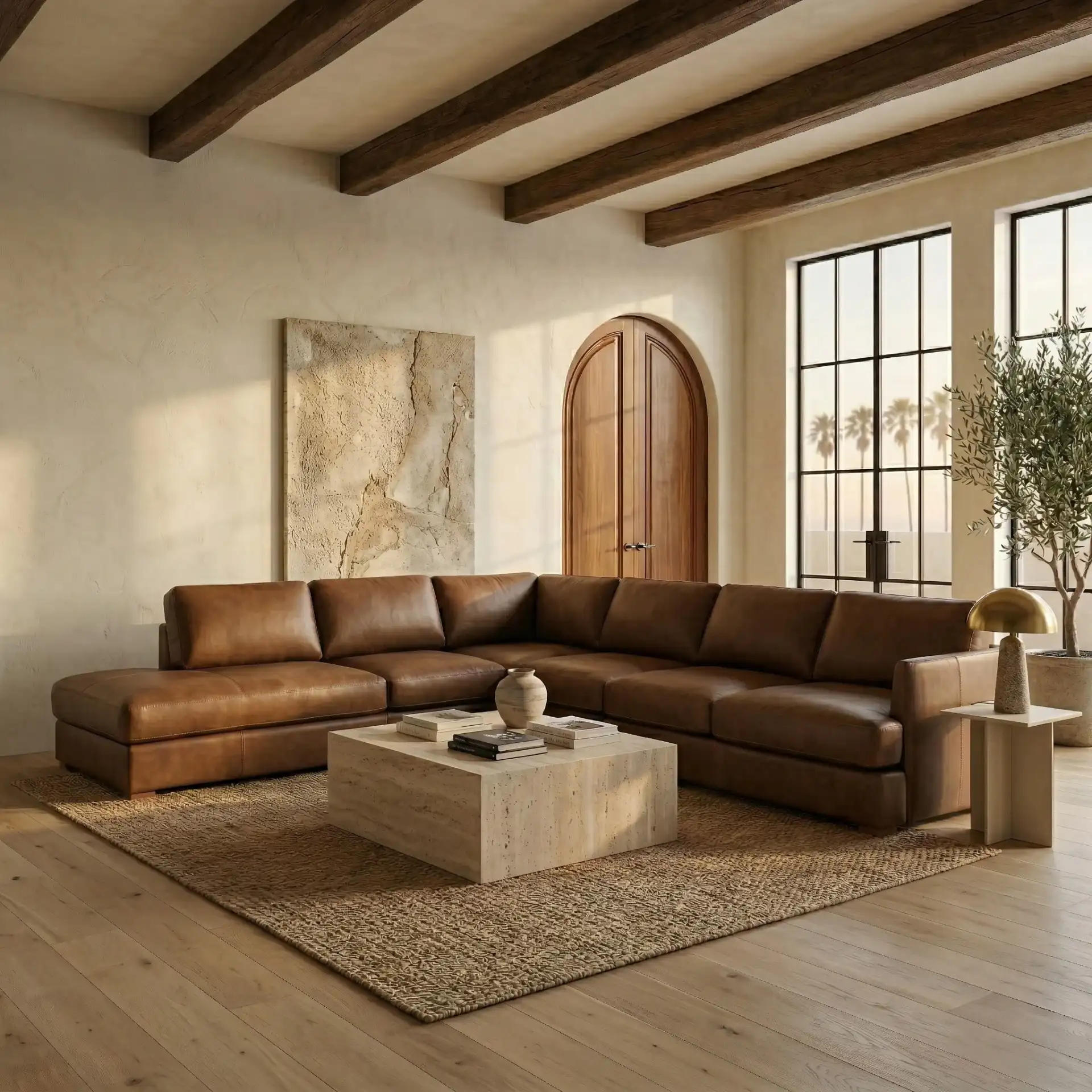 Gustav Leather Corner Sectional in Dark Brown in a styled room