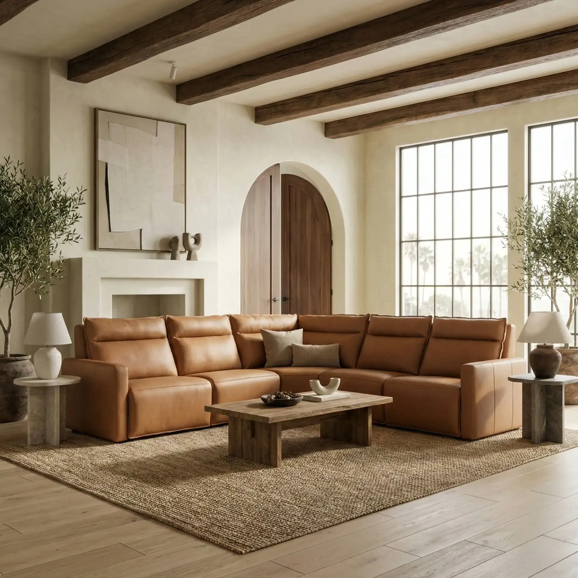 Gretel Leather L-Shaped Sectional in Brown in a styled room